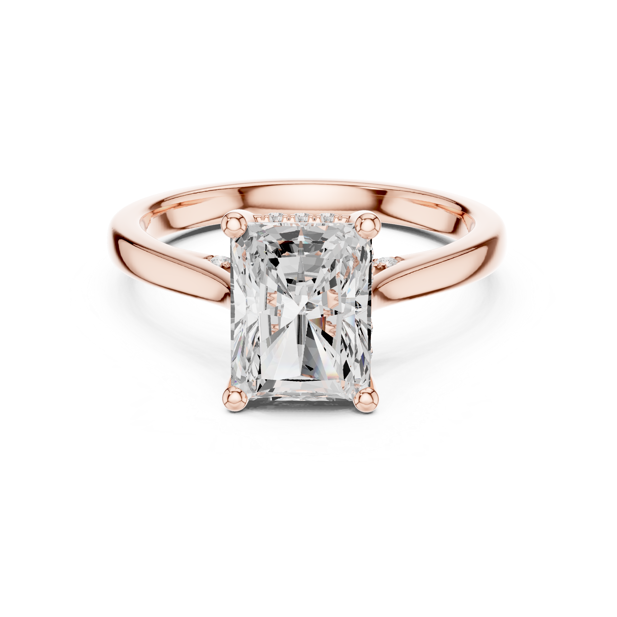 Rose gold ring with a large diamond on a white background
