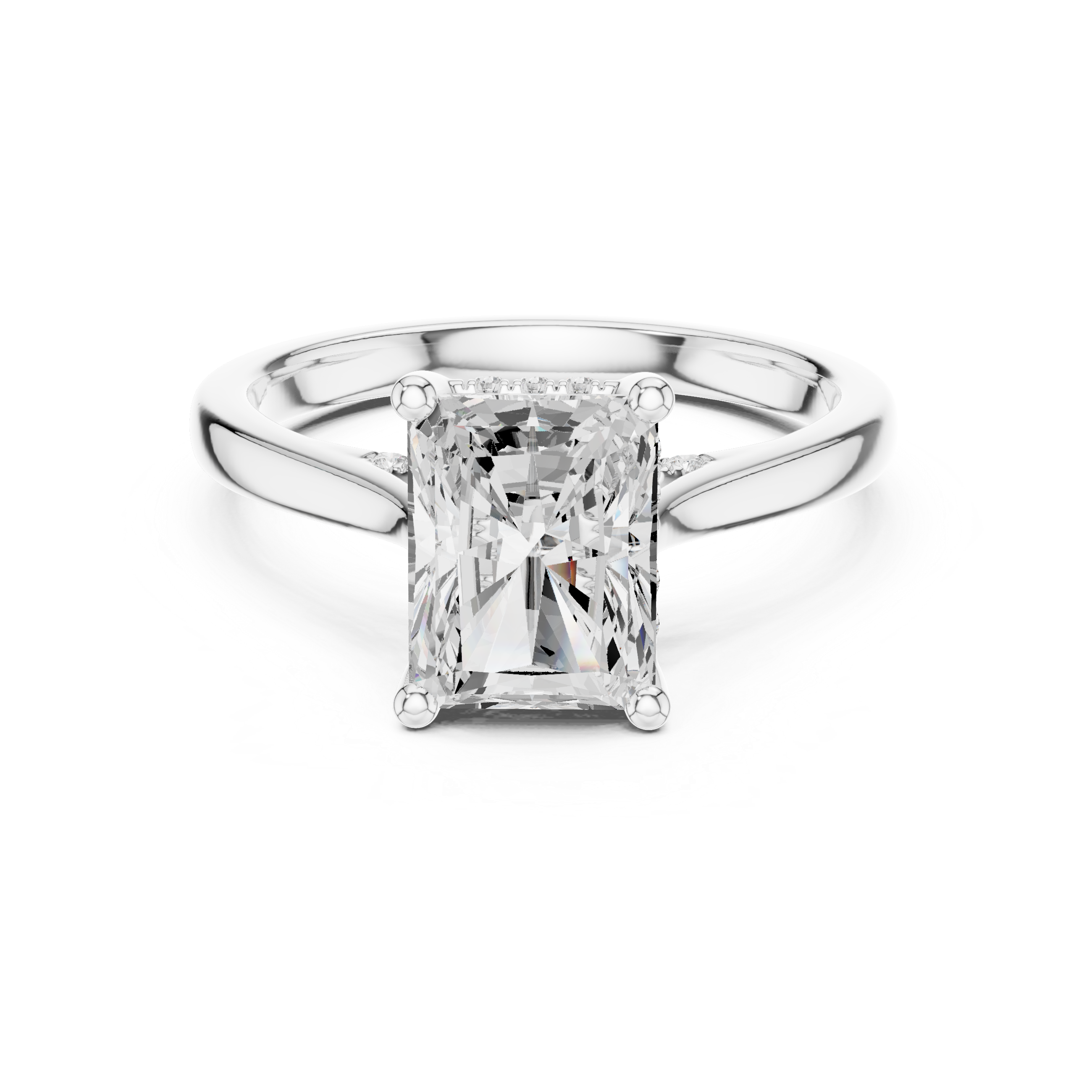 Diamond ring with a rectangular cut gemstone on a white background