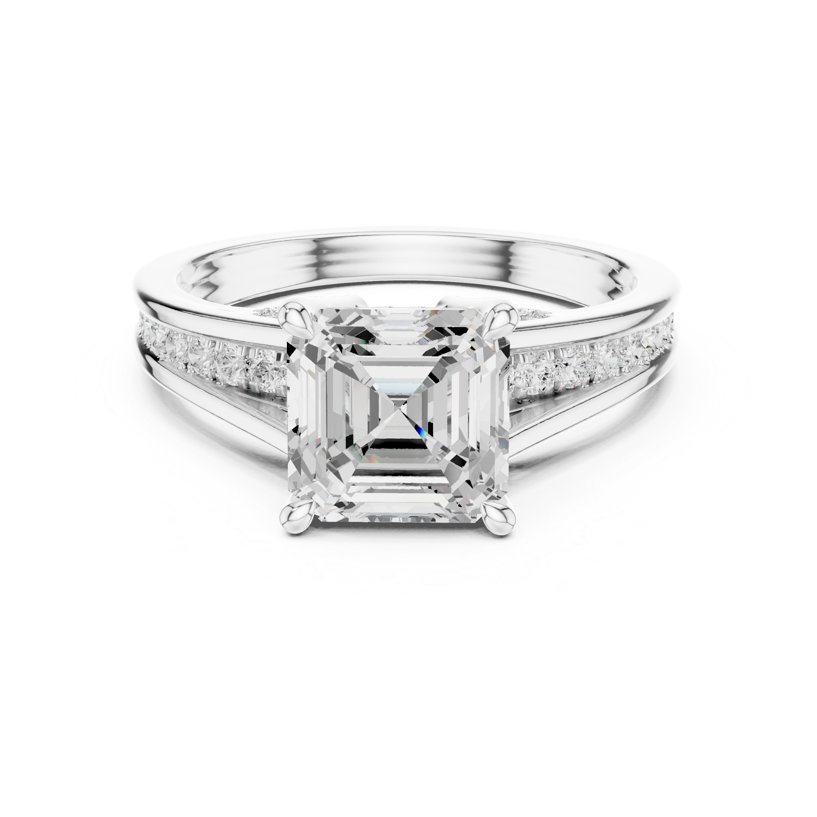 Diamond ring with a large central gemstone and smaller stones on the band against a white background