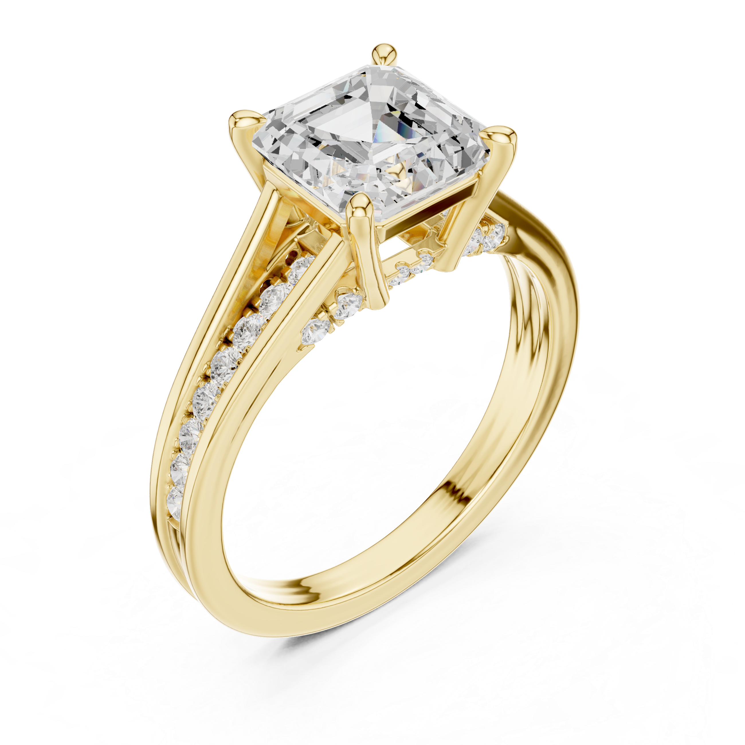 Gold ring with a large diamond and smaller diamonds on the band against a white background