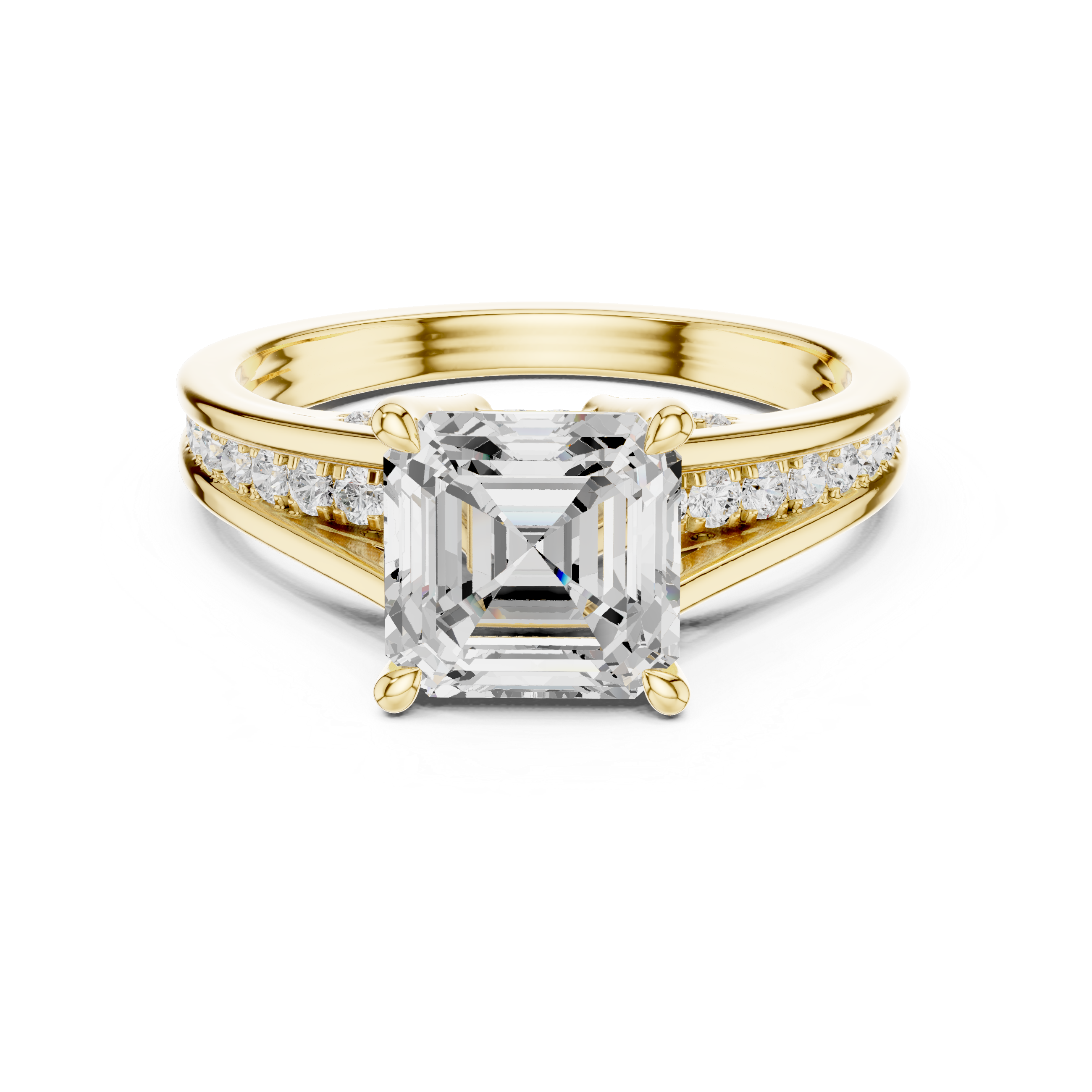 Gold ring with a large diamond and smaller diamonds on the band against a white background
