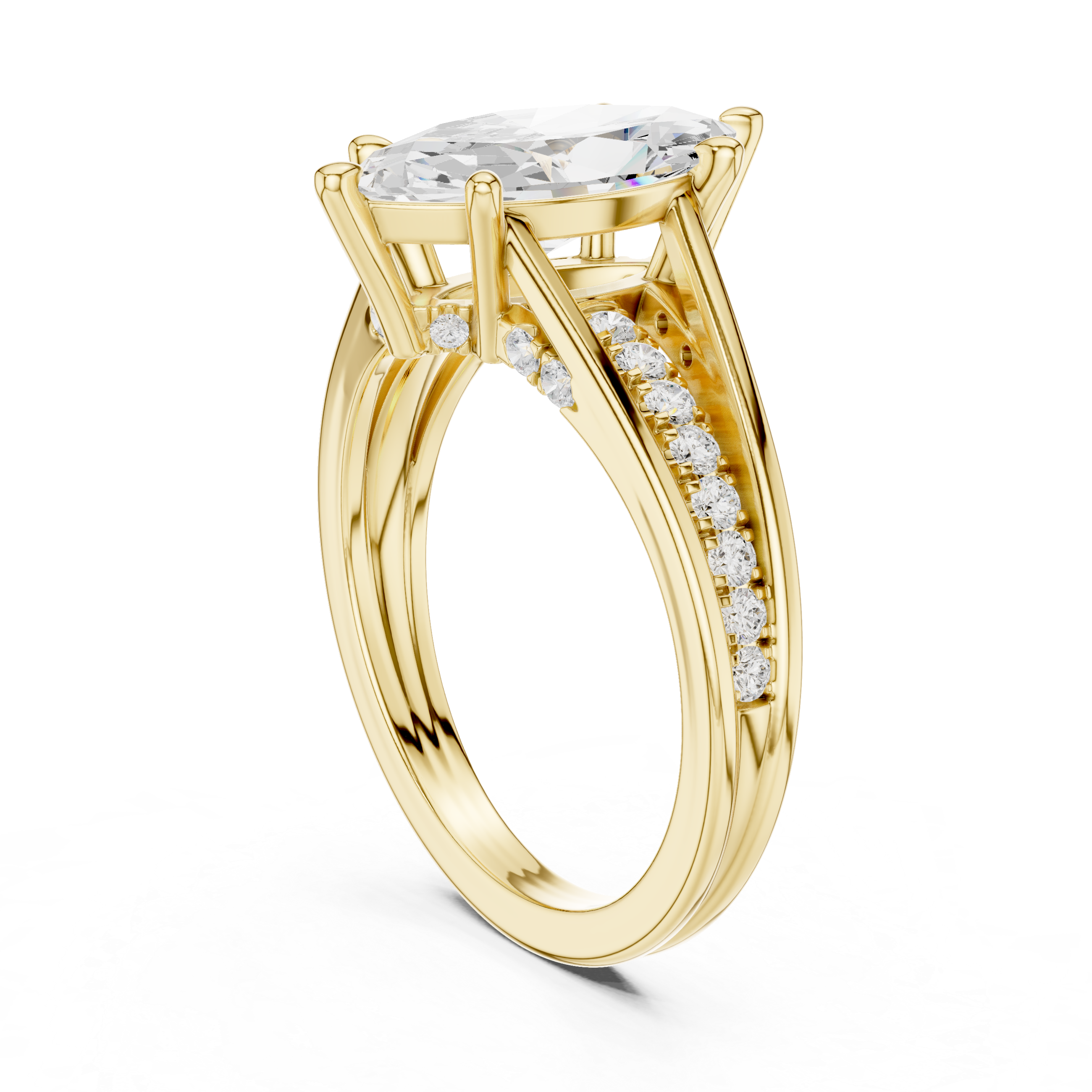 Gold ring with a large diamond and smaller diamonds on the band against a white background