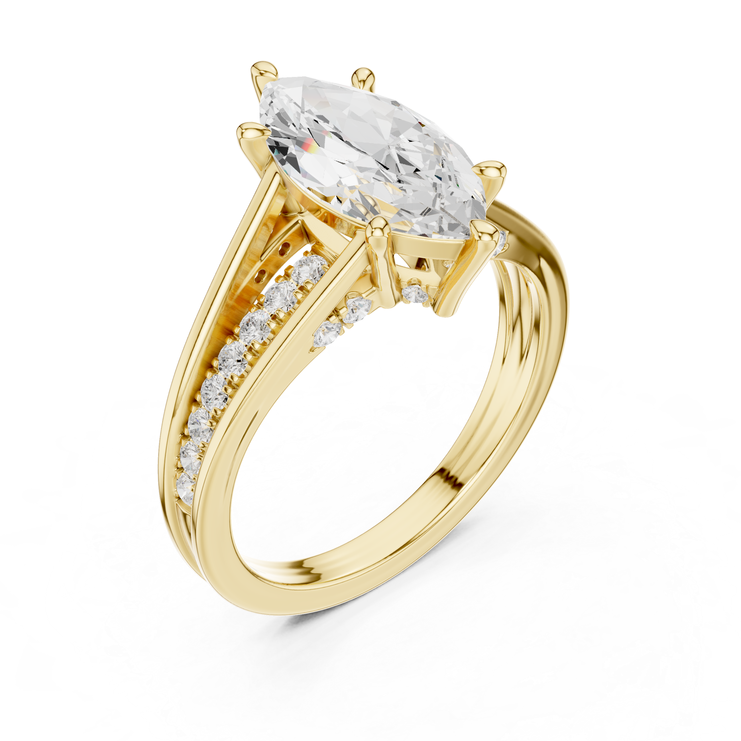 Gold ring with a large central diamond and smaller diamonds on the band against a white background