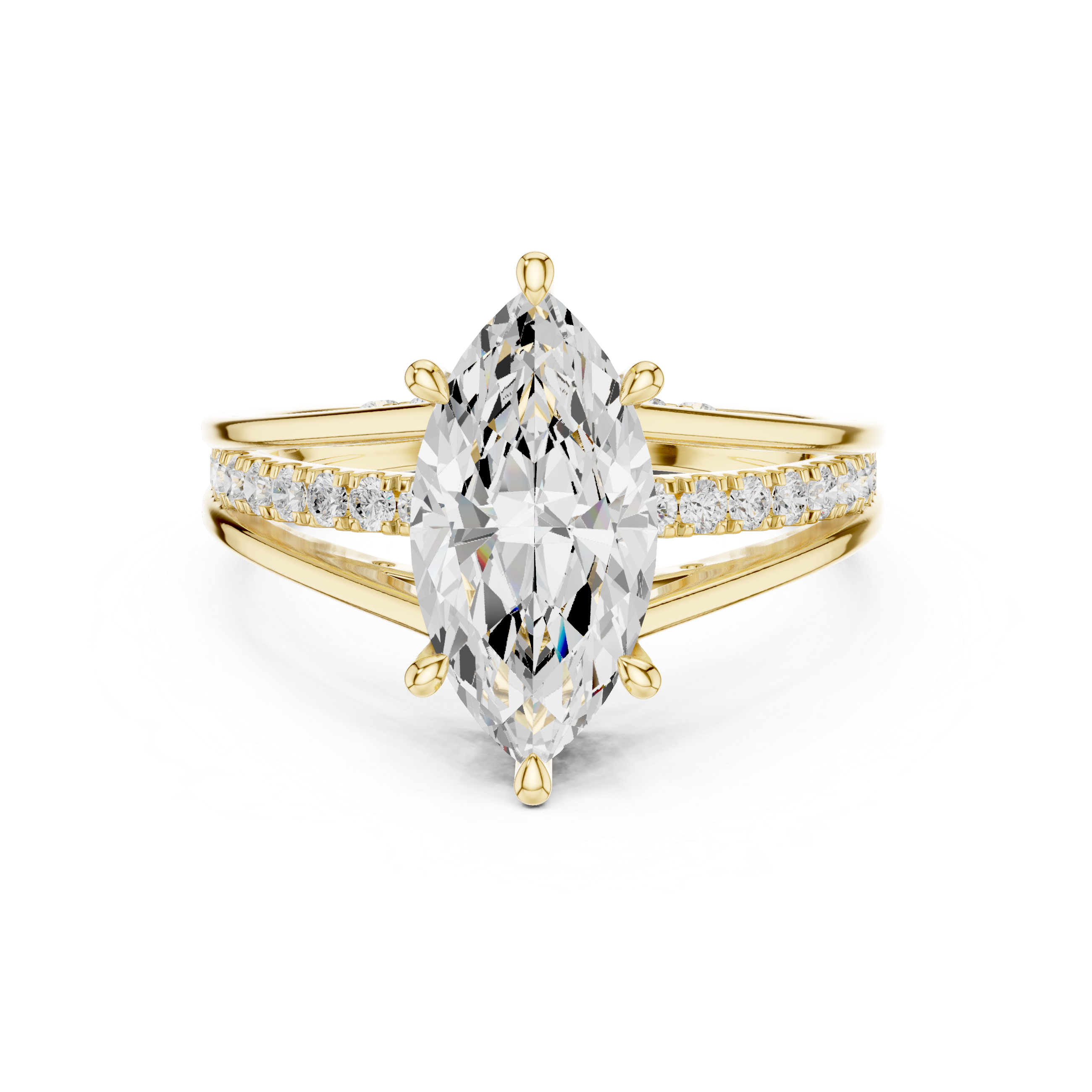 Gold ring with a large pear-shaped diamond and smaller diamonds on the band against a white background