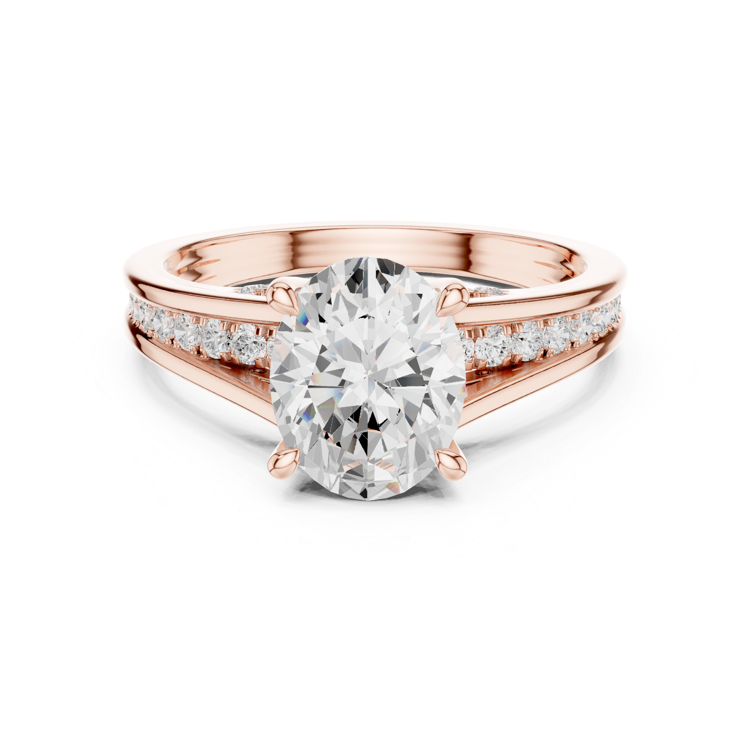 Rose gold ring with a large diamond and smaller diamonds on the band against a white background