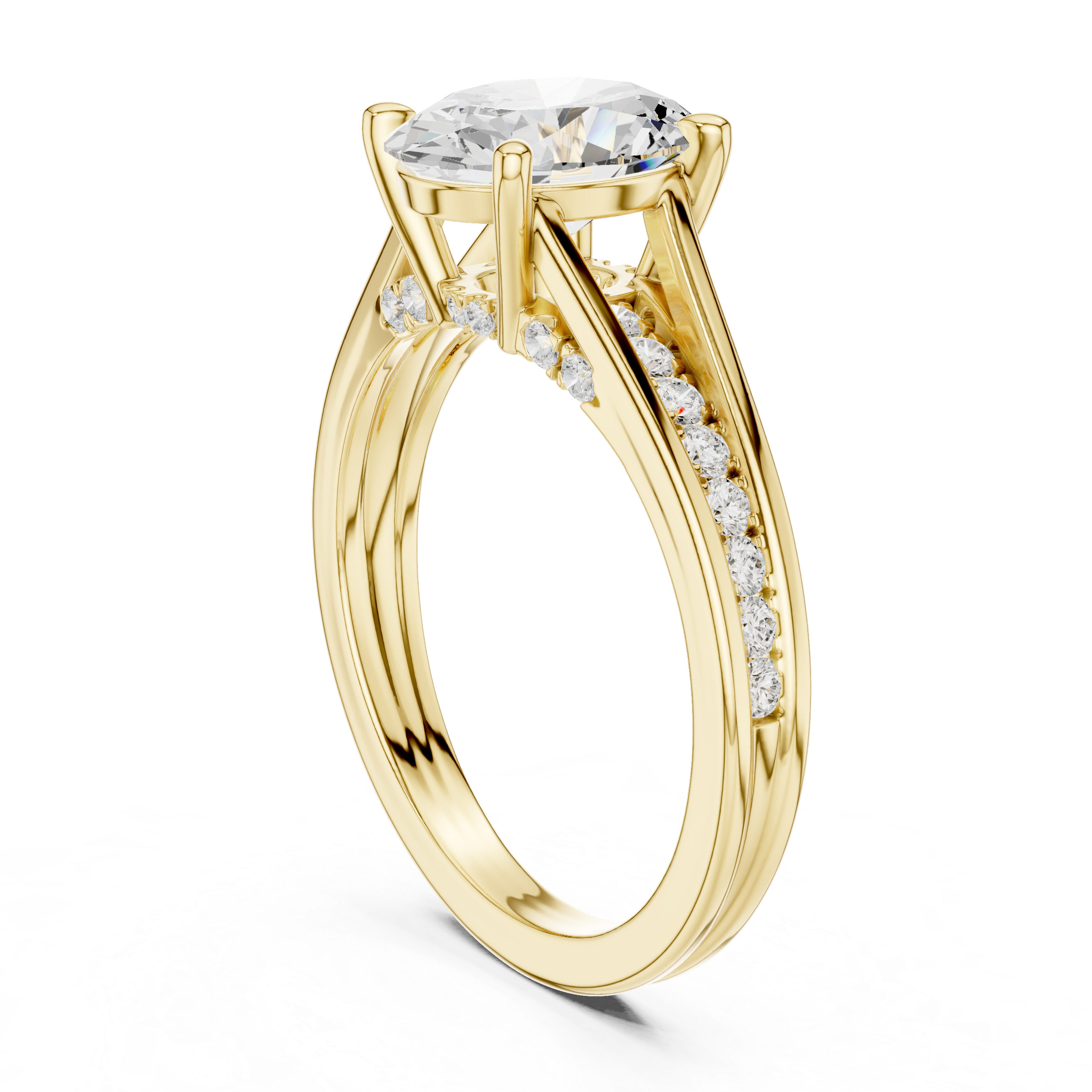 Gold ring with a large diamond and smaller diamonds on the band against a white background