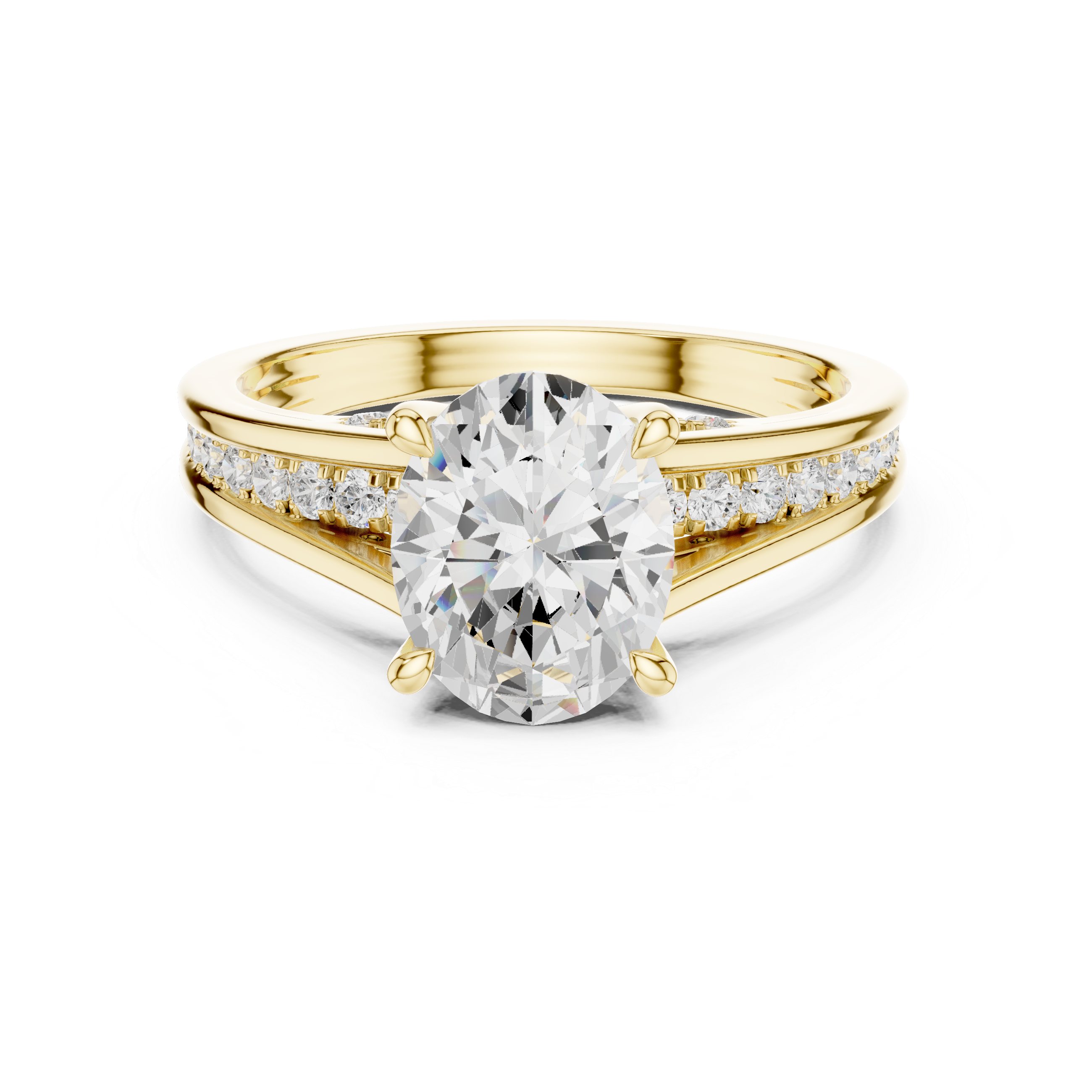 Gold ring with a large diamond and smaller diamonds on the band against a white background