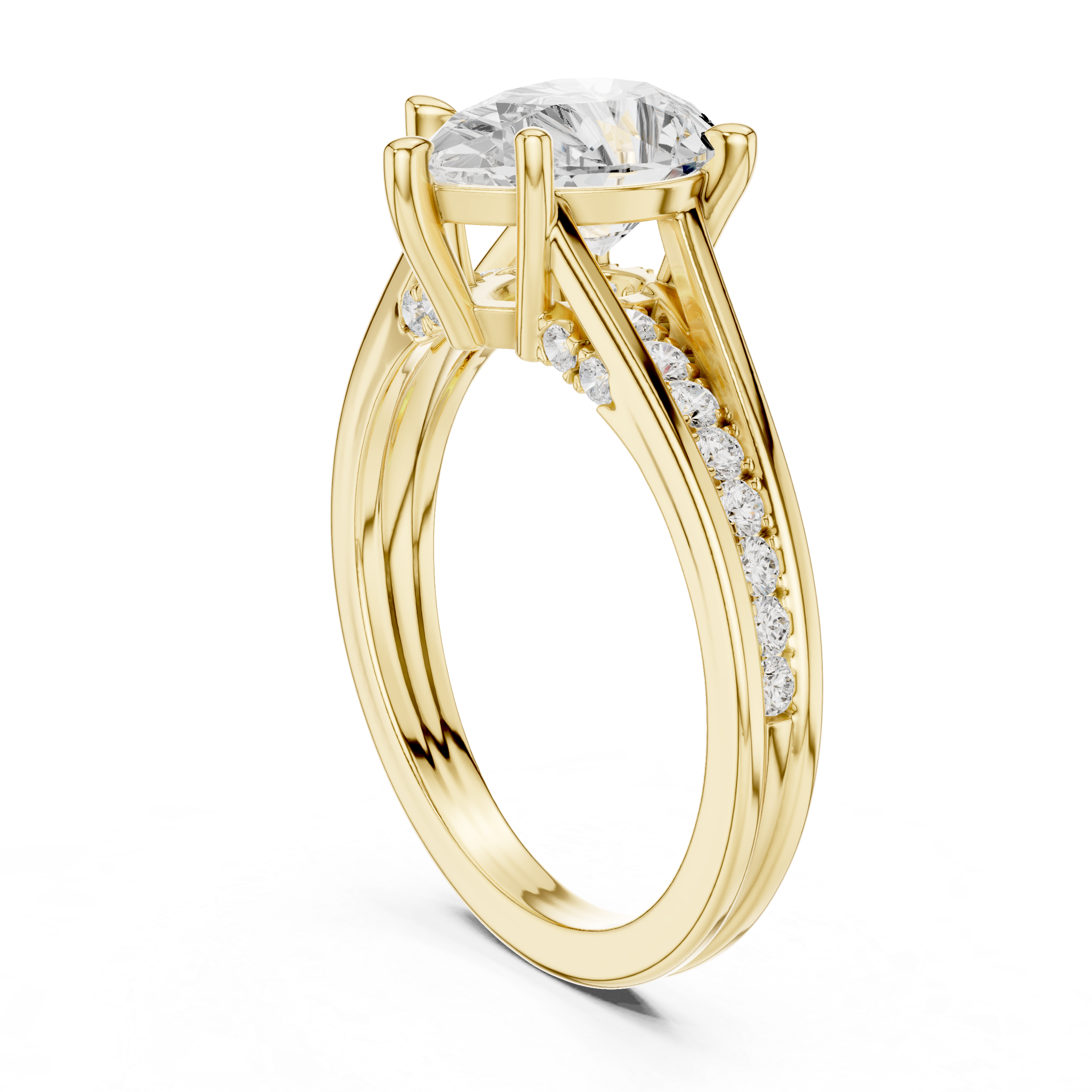 Gold ring with a large diamond and smaller diamonds on the band against a white background