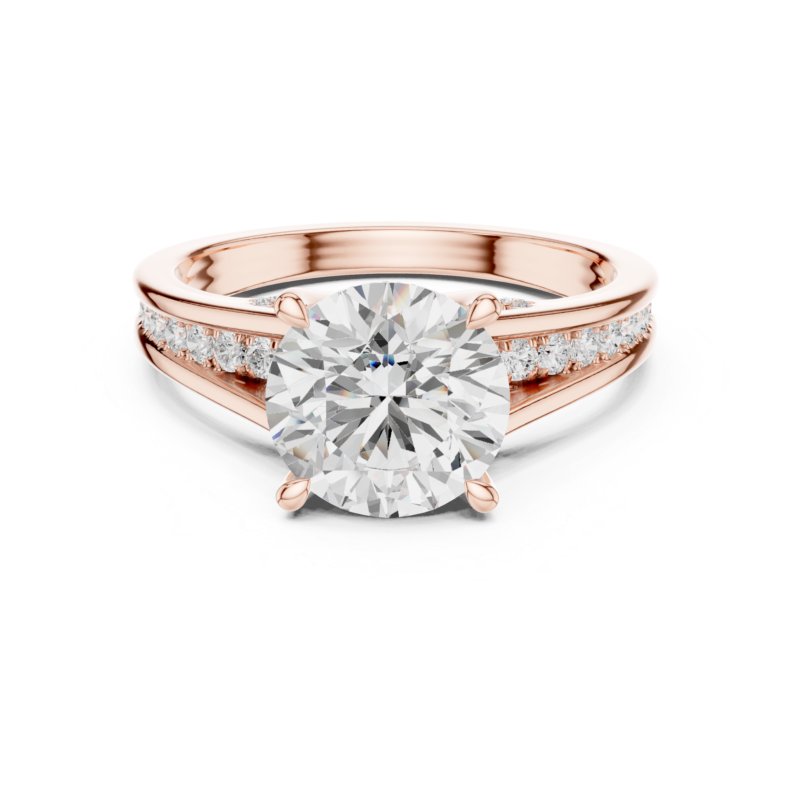 Rose gold ring with a large diamond and smaller diamonds on the band against a white background