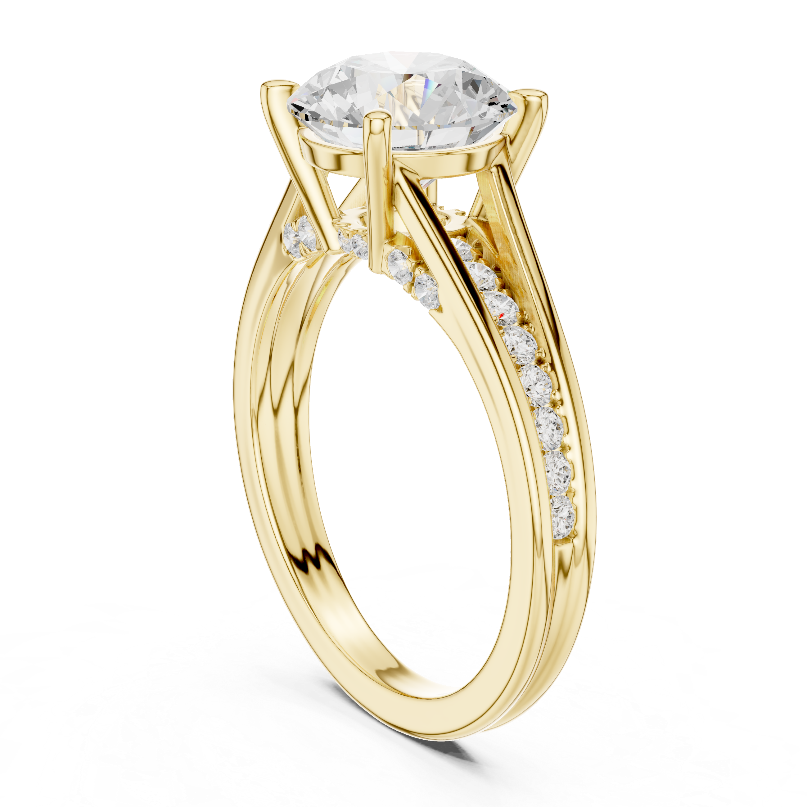 Gold ring with a large diamond and smaller diamonds on the band against a white background