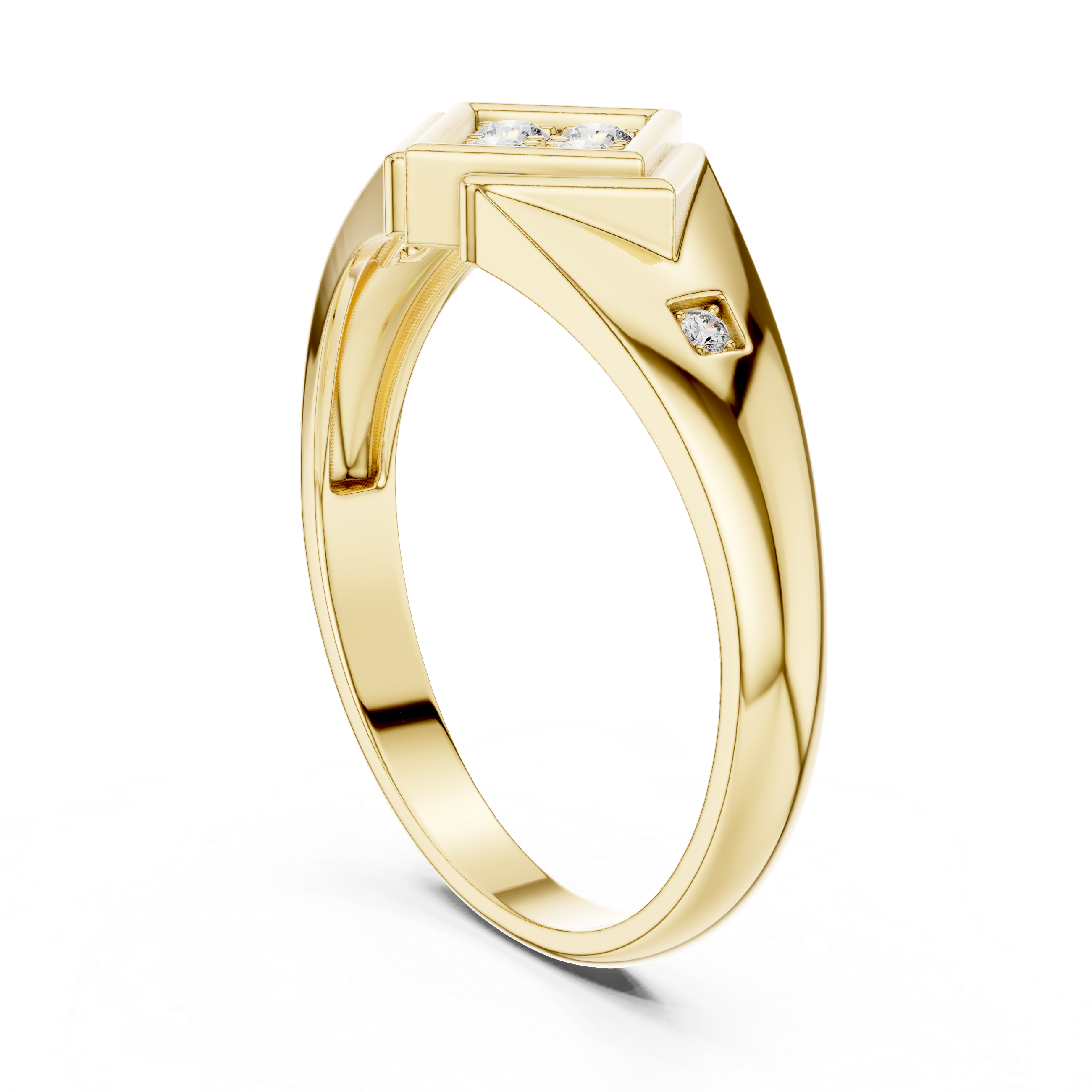 Gold ring with diamond accents on a white background