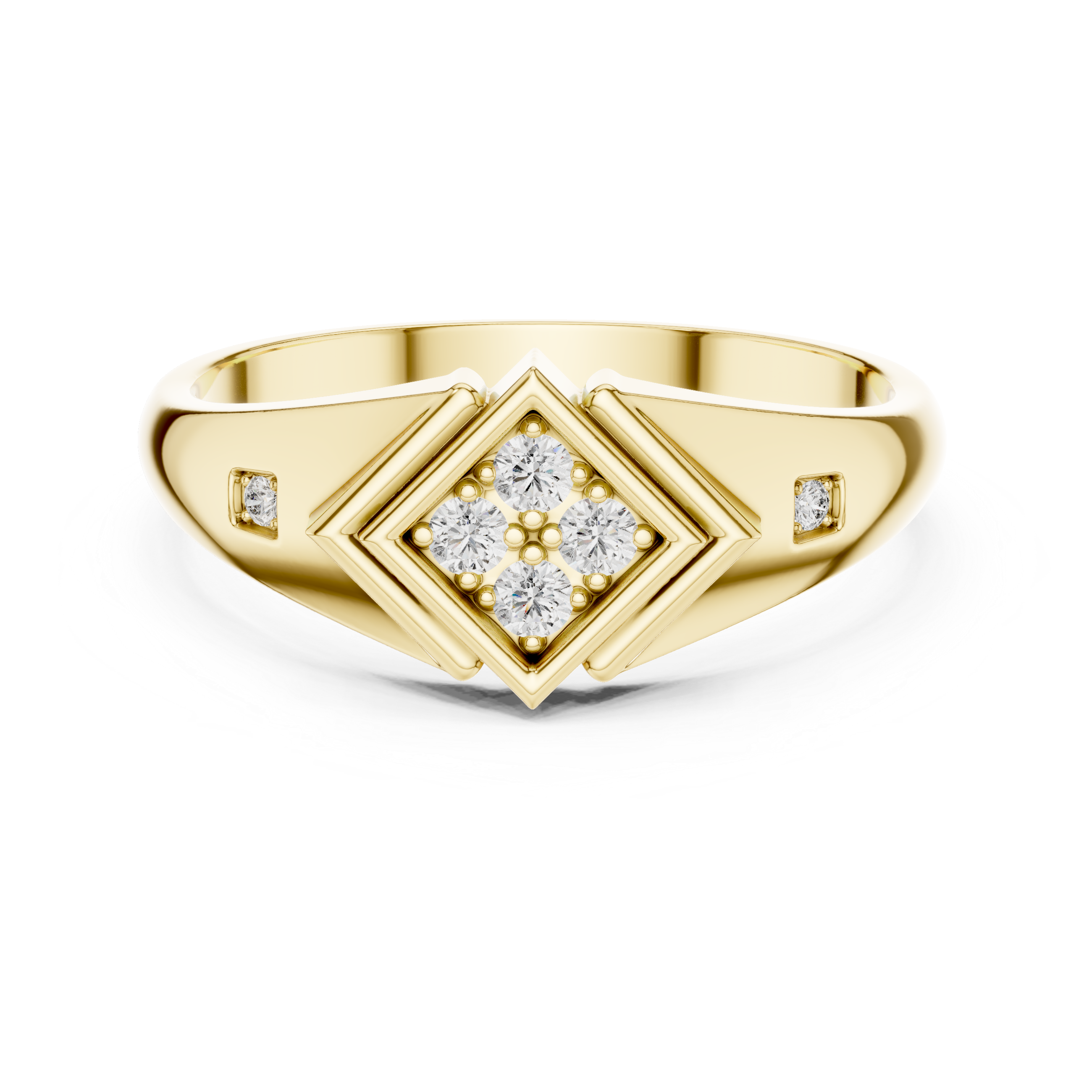 Gold ring with diamond accents on a white background