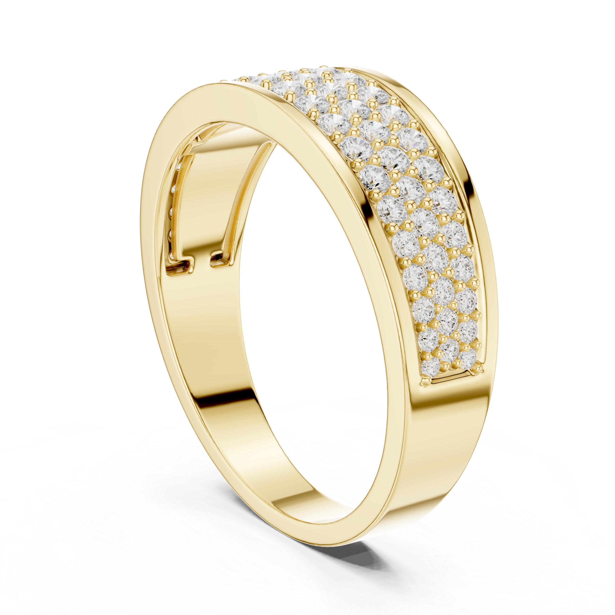 Gold ring with diamond accents on a white background