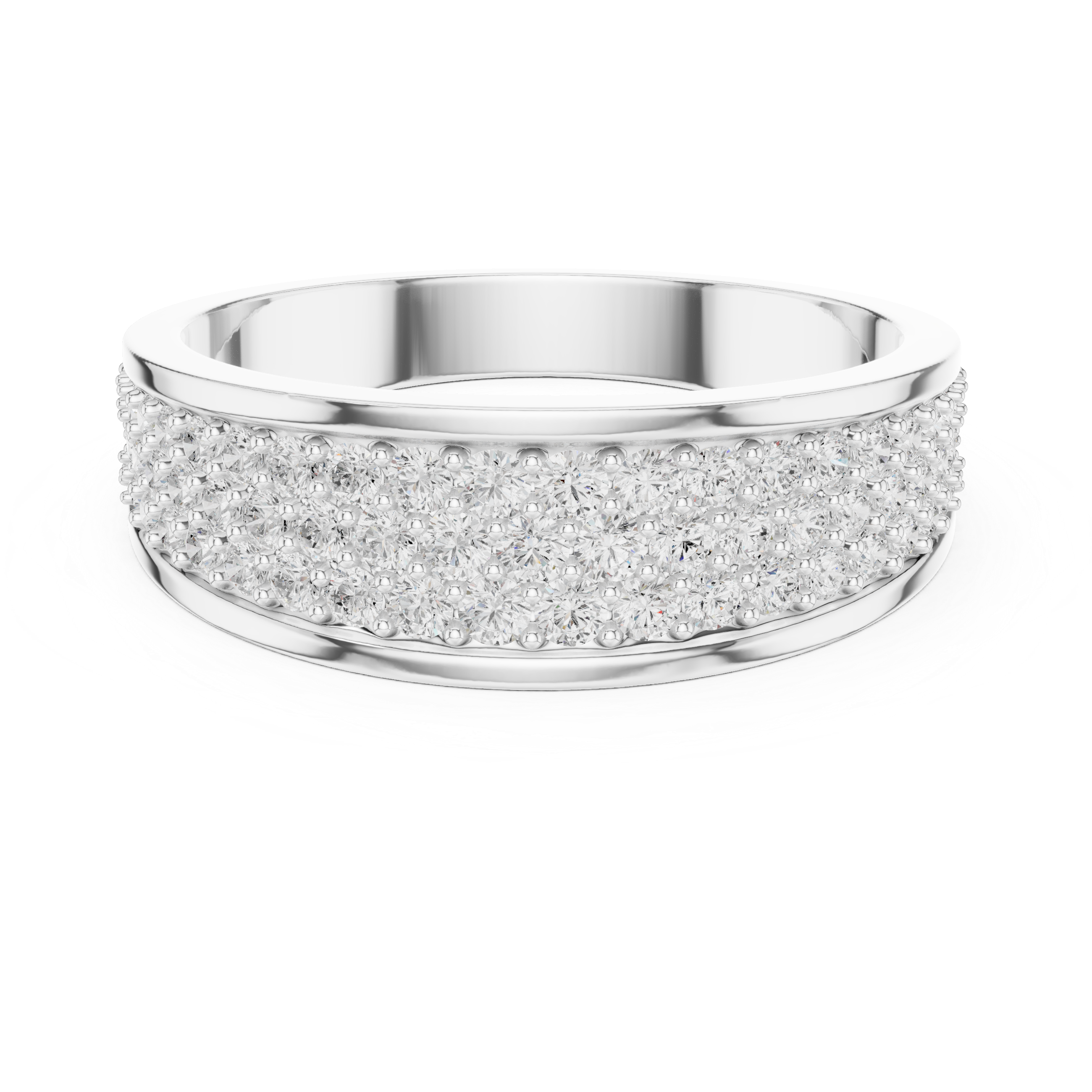 Silver ring with glittery band on a white background