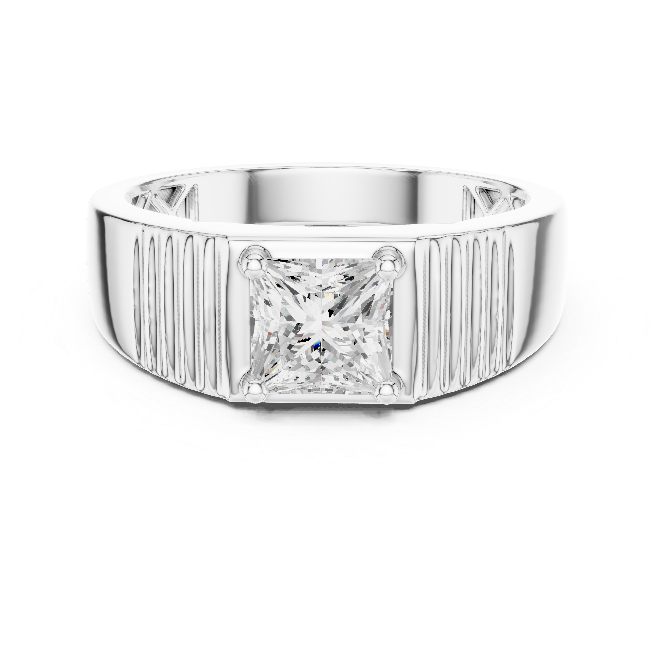Silver ring with a large diamond on a white background