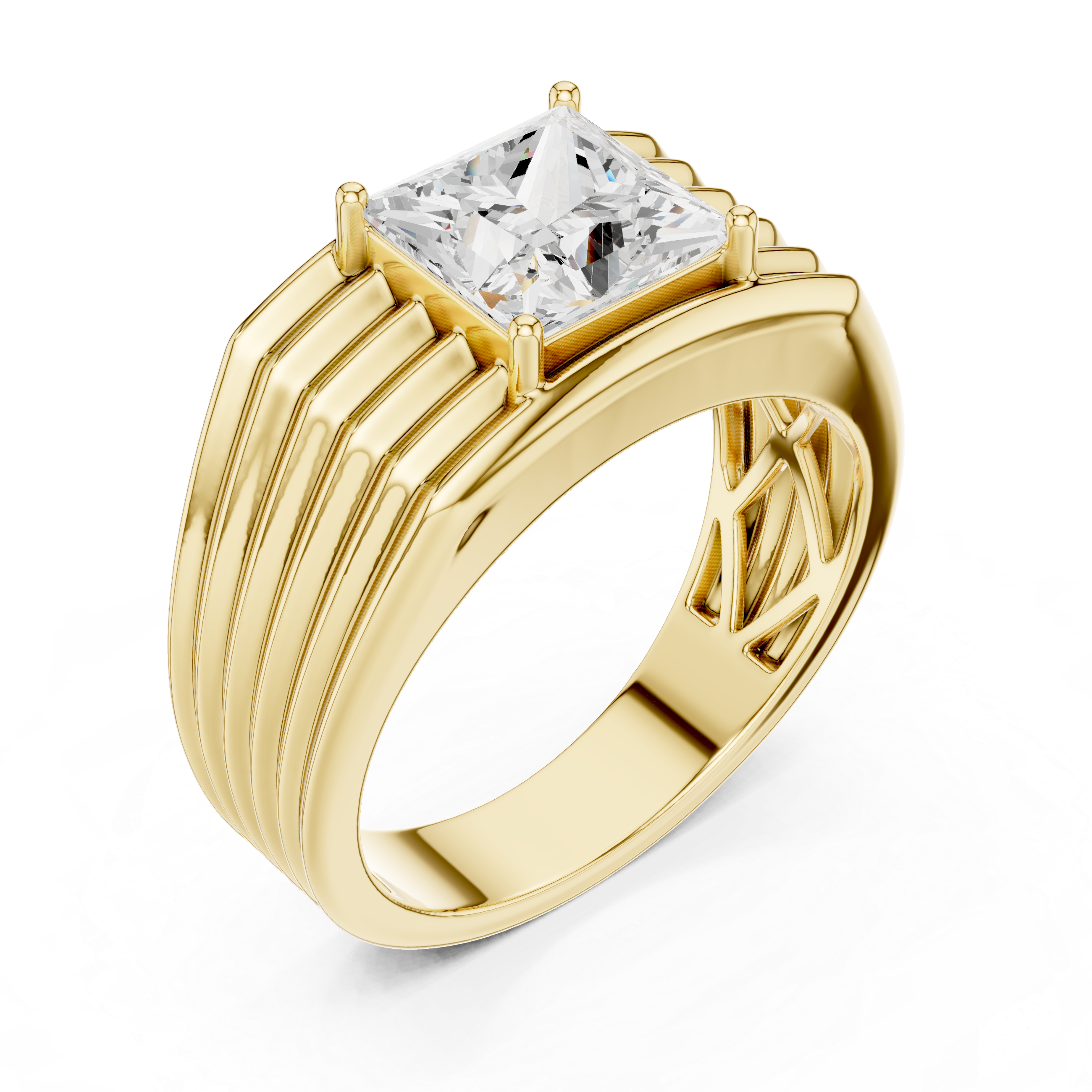 Gold ring with a prominent diamond on a white background