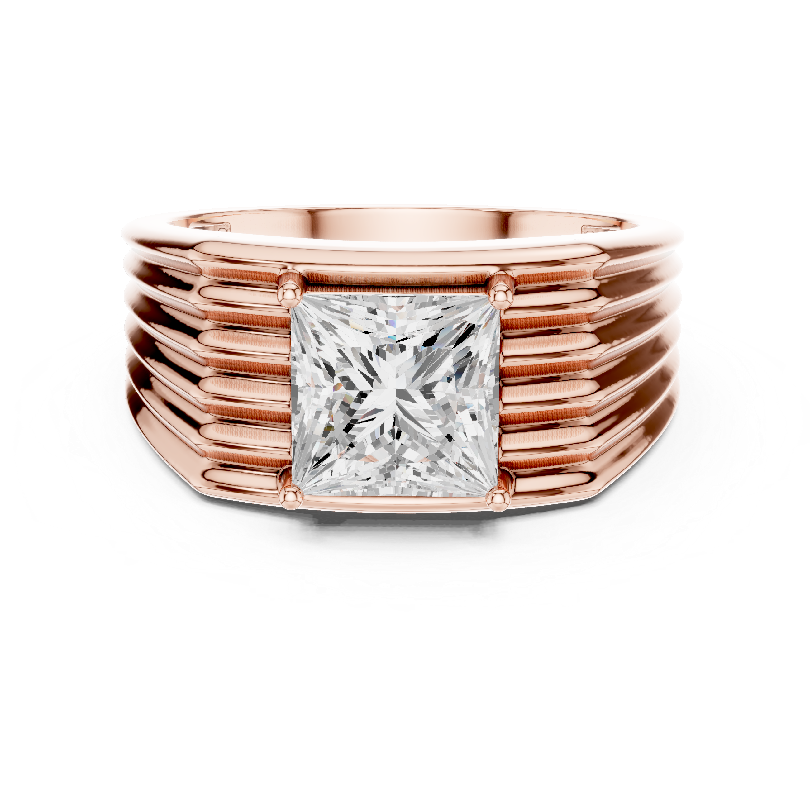 Rose gold ring with a large diamond on a white background