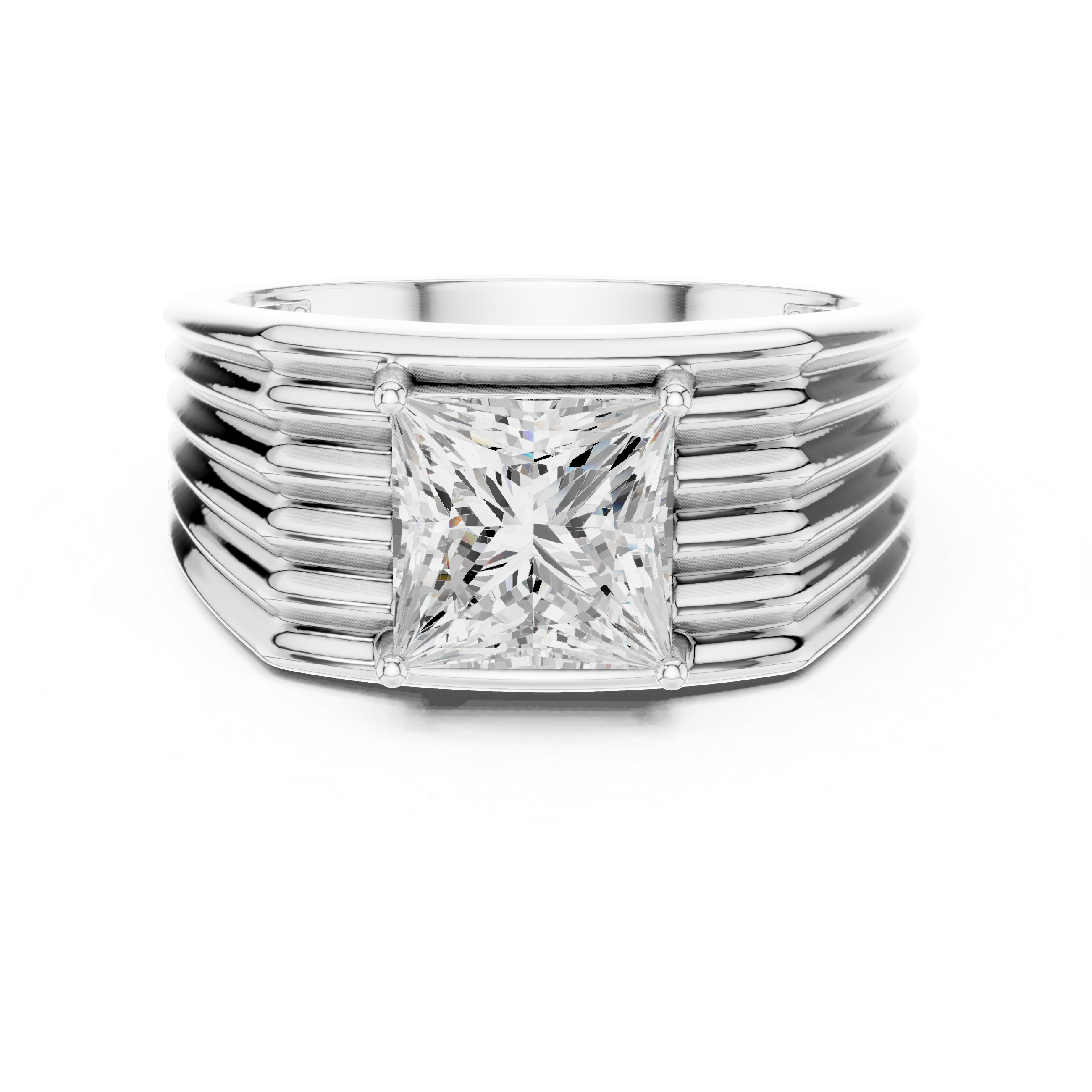 Silver ring with a prominent diamond on a white background