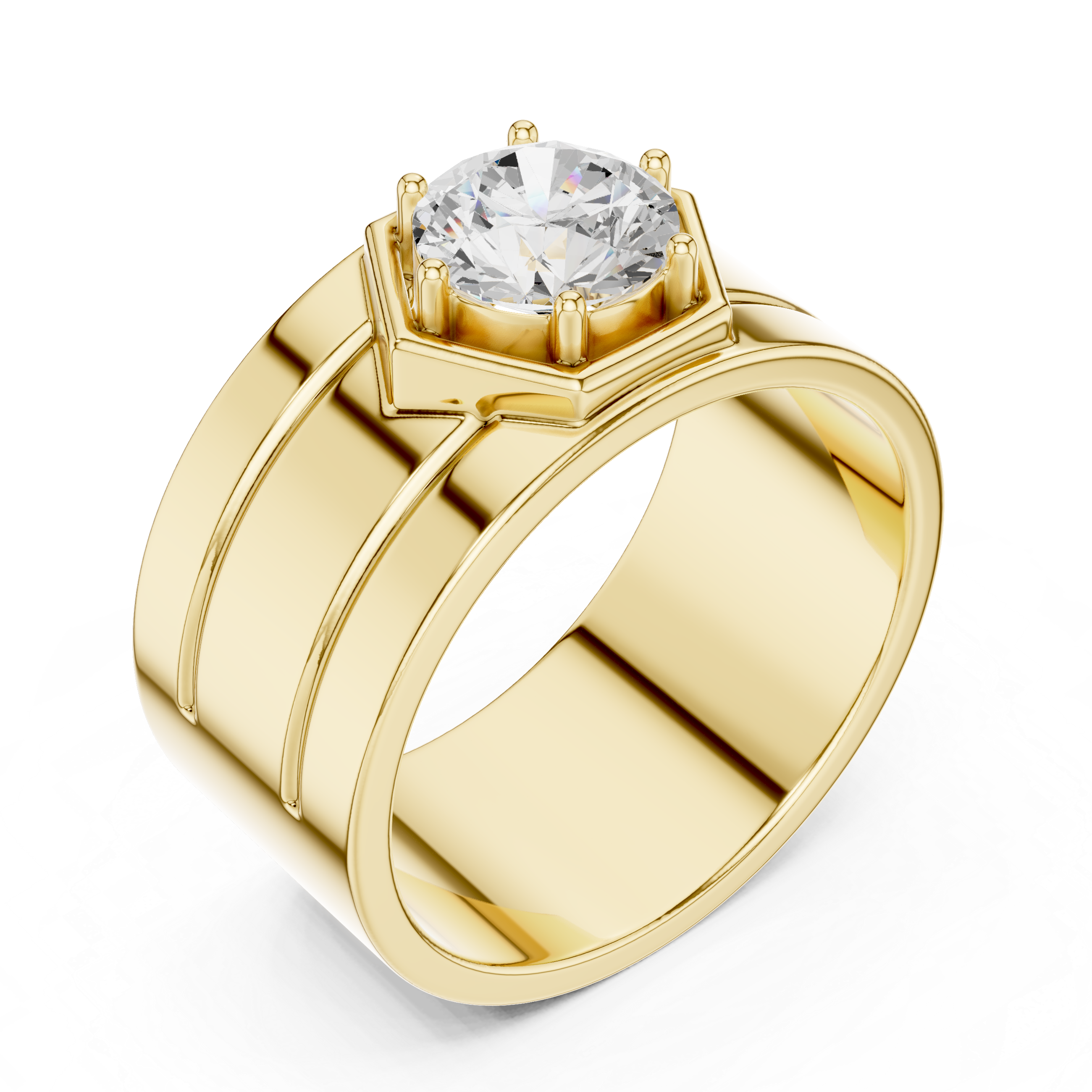 Gold ring with a large diamond on a white background