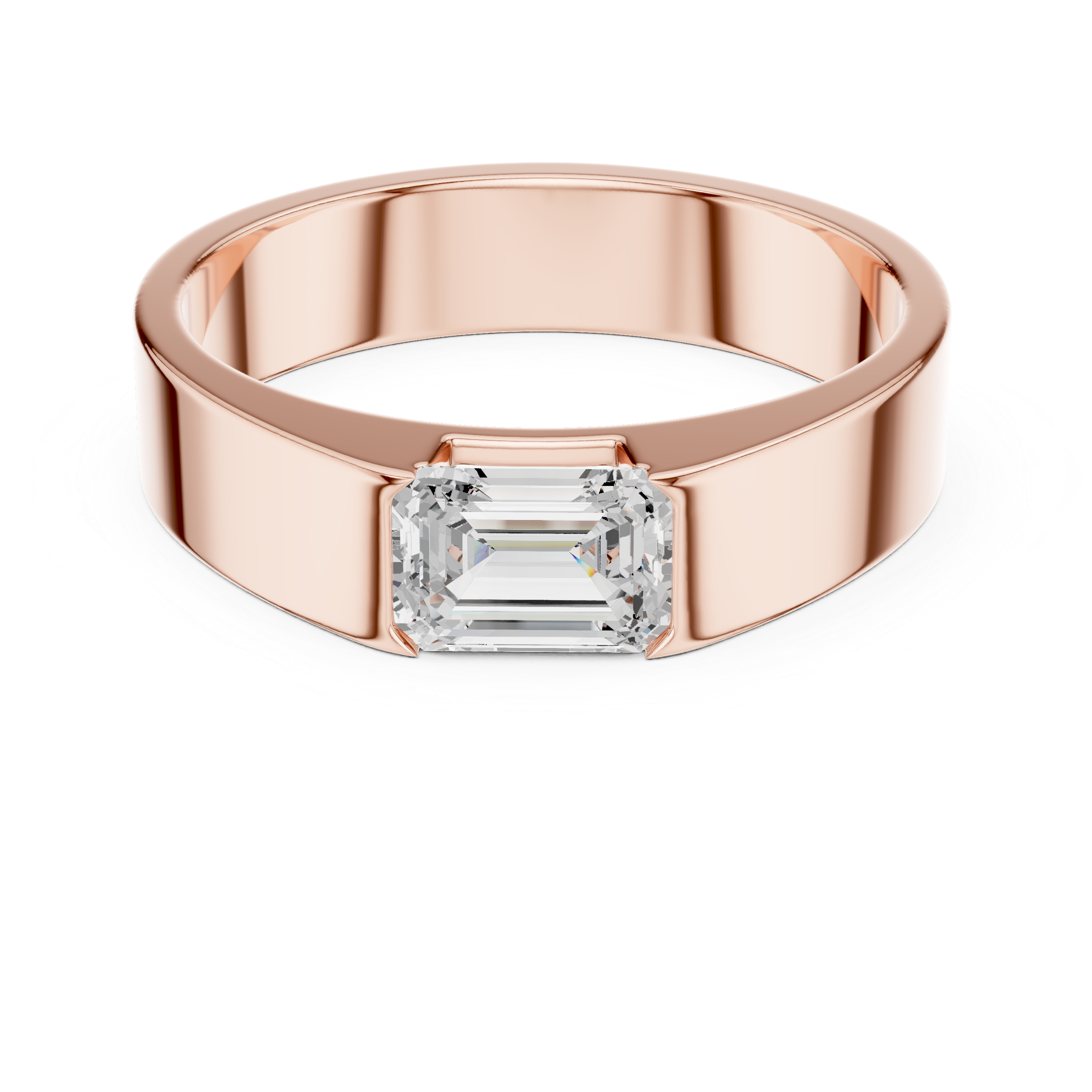 Rose gold ring with a rectangular diamond on a white background