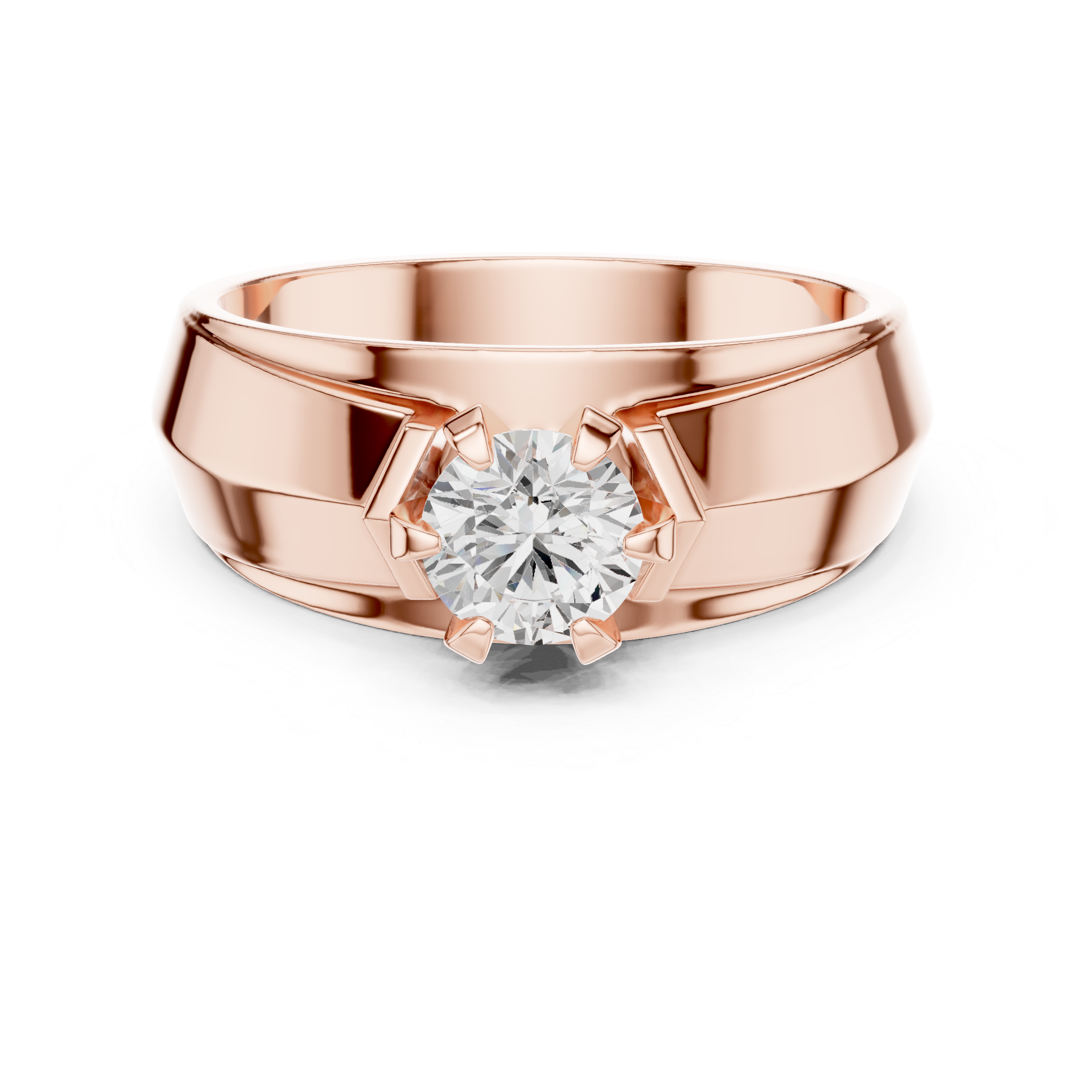 Rose gold ring with a diamond on a white background