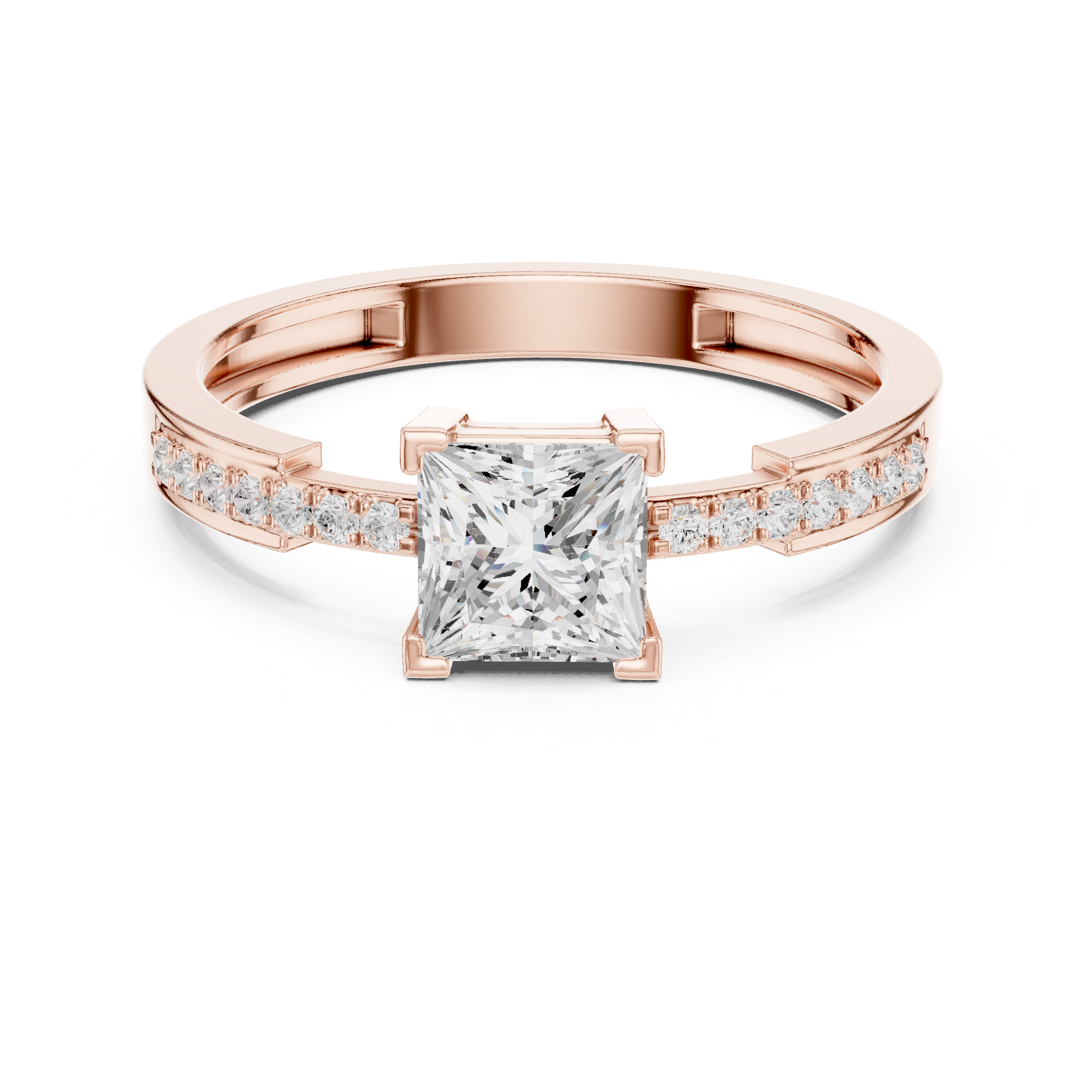 Rose gold ring with a large diamond and smaller diamonds on the band against a white background