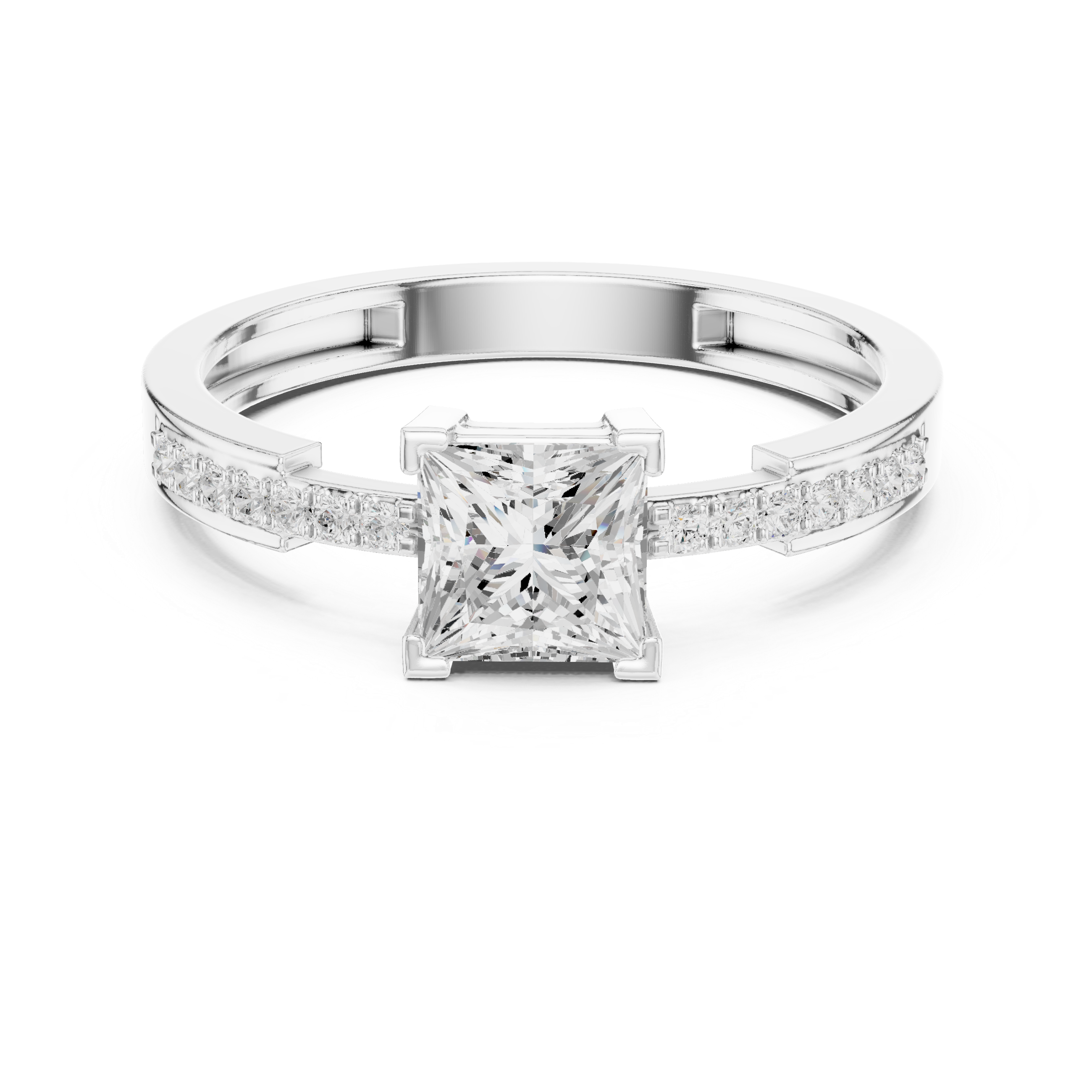 Diamond ring with a princess-cut center stone on a white background