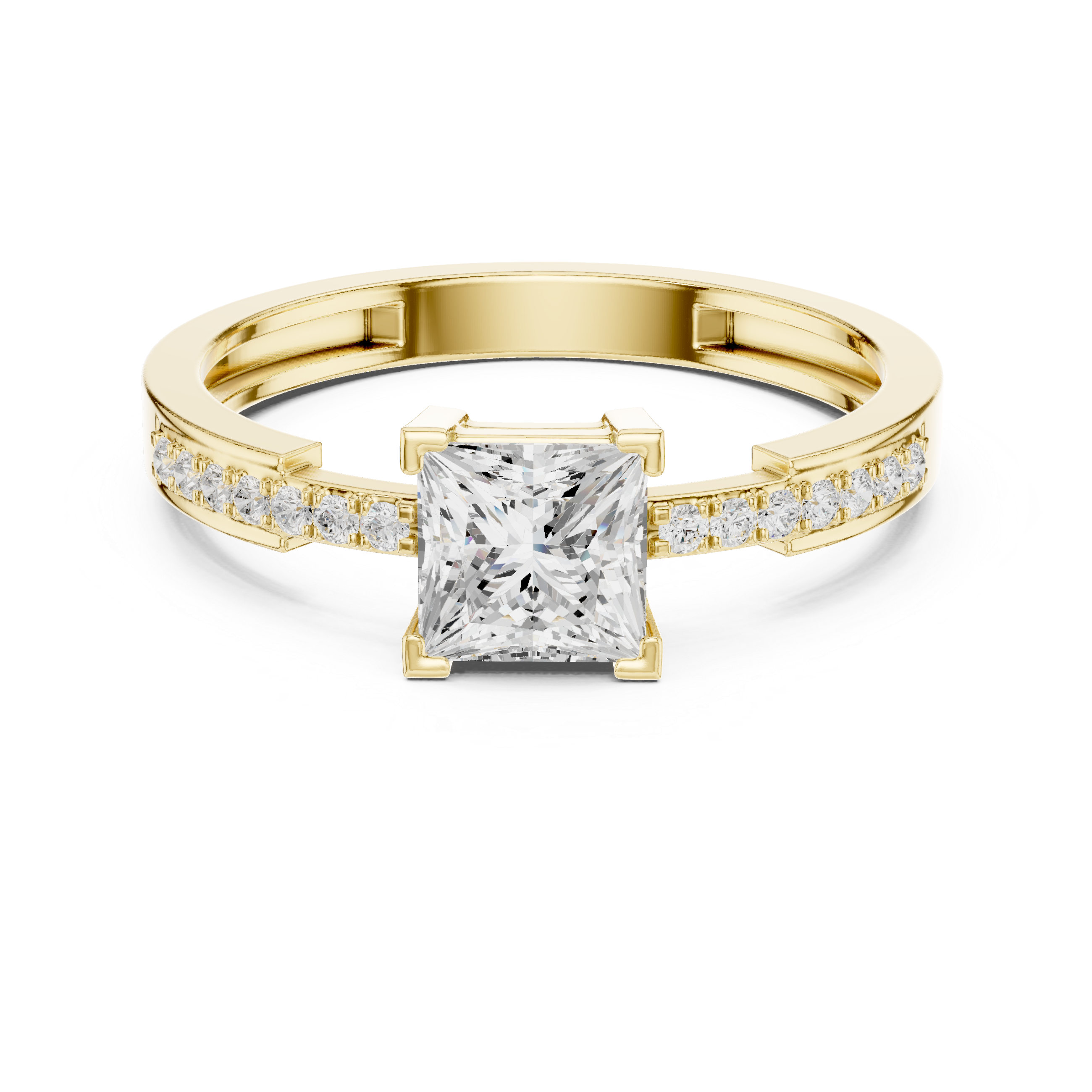 Gold ring with a square-cut diamond and smaller diamonds on the band against a white background
