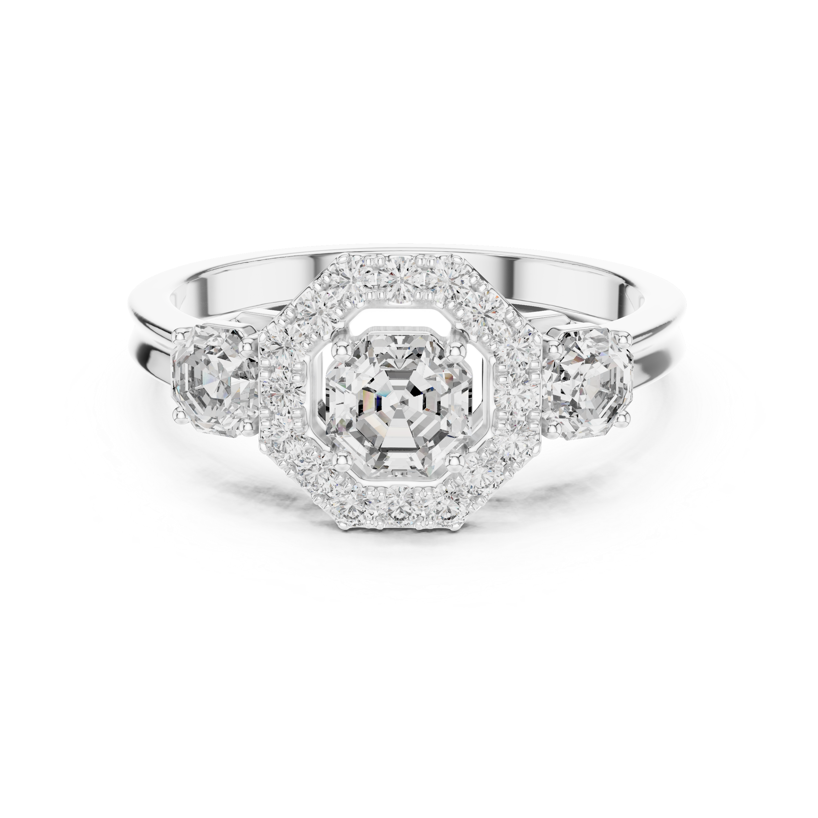 The Naarden Ring - Asscher Cut Three-Stone Halo Engagement Ring