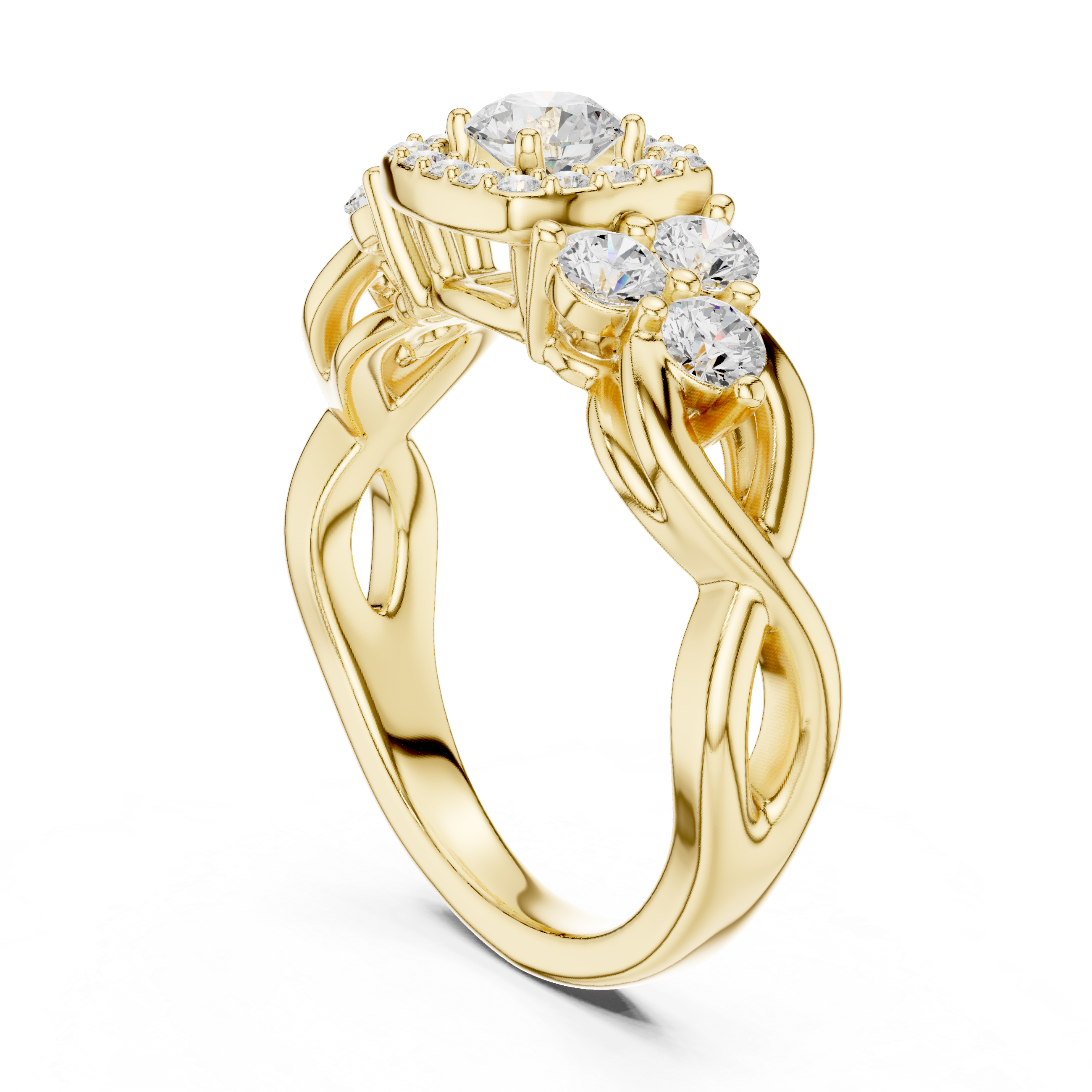 The Heemstede Ring - Infinity Twist Three-Stone Halo Engagement Ring