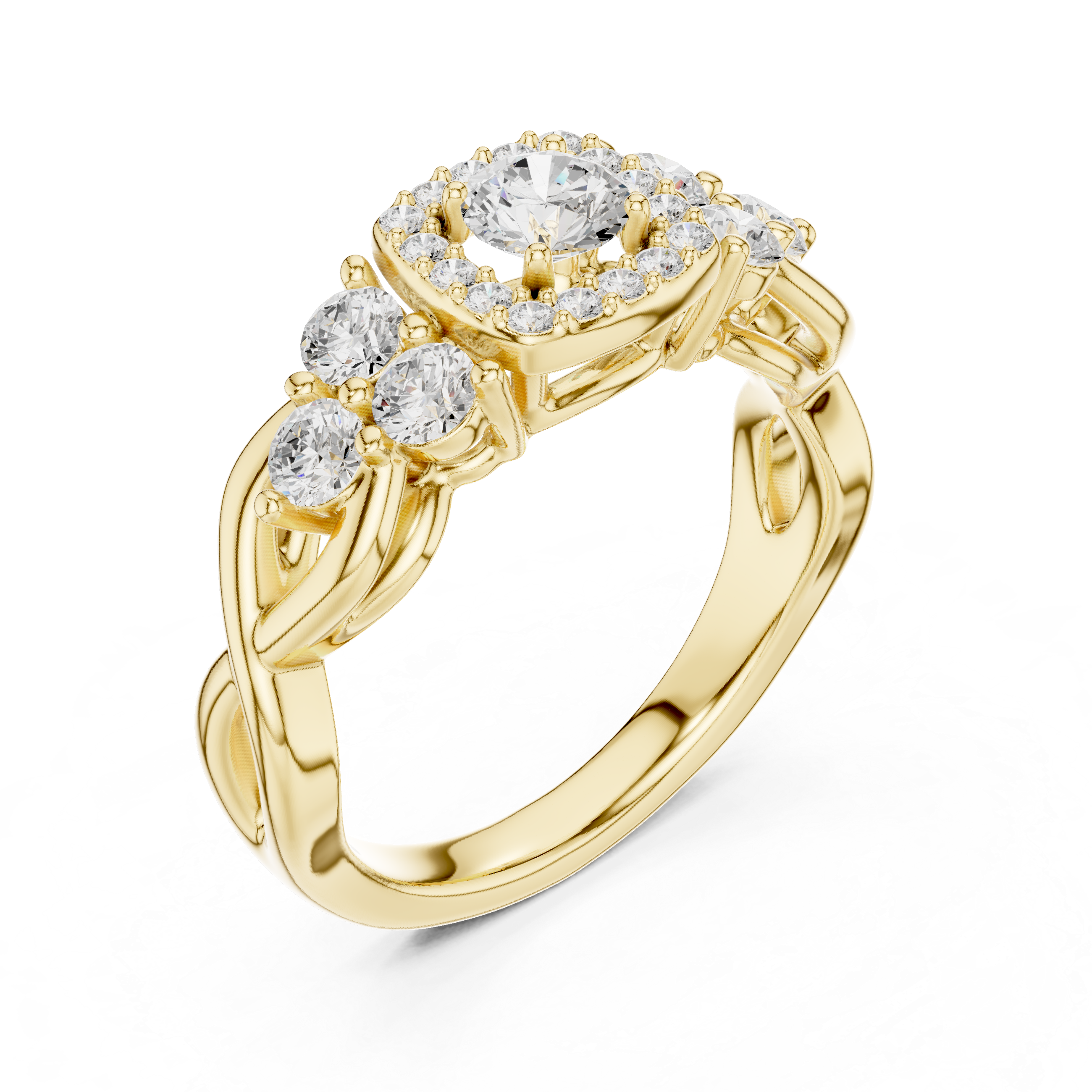 The Heemstede Ring - Infinity Twist Three-Stone Halo Engagement Ring