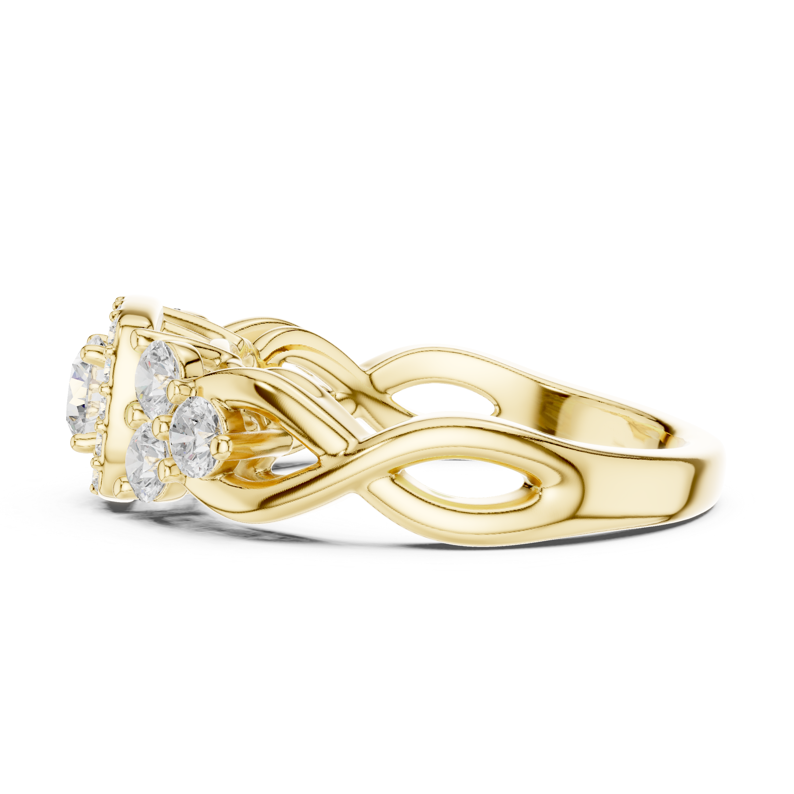 The Heemstede Ring - Infinity Twist Three-Stone Halo Engagement Ring