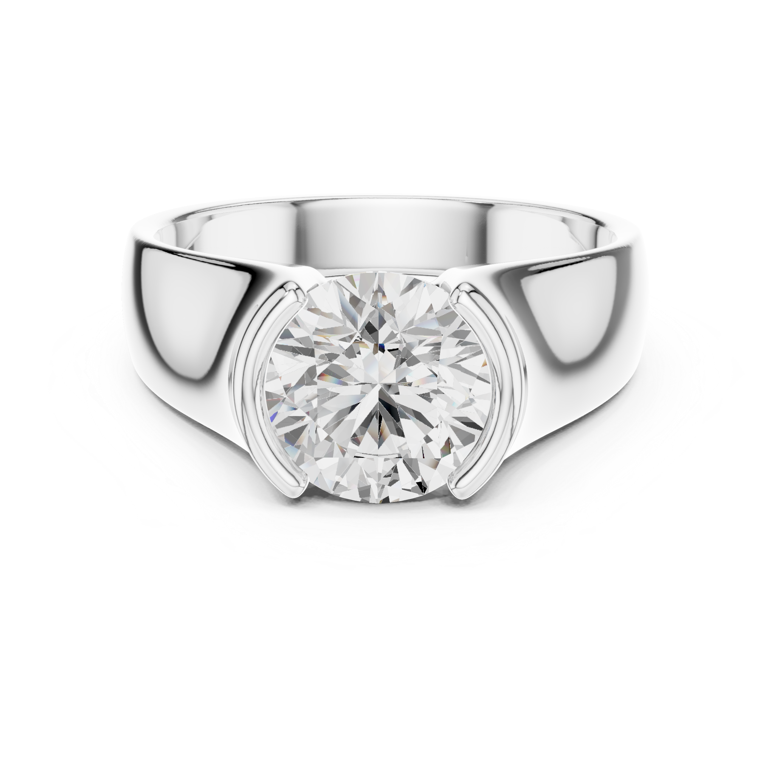 Silver ring with a large diamond on a white background