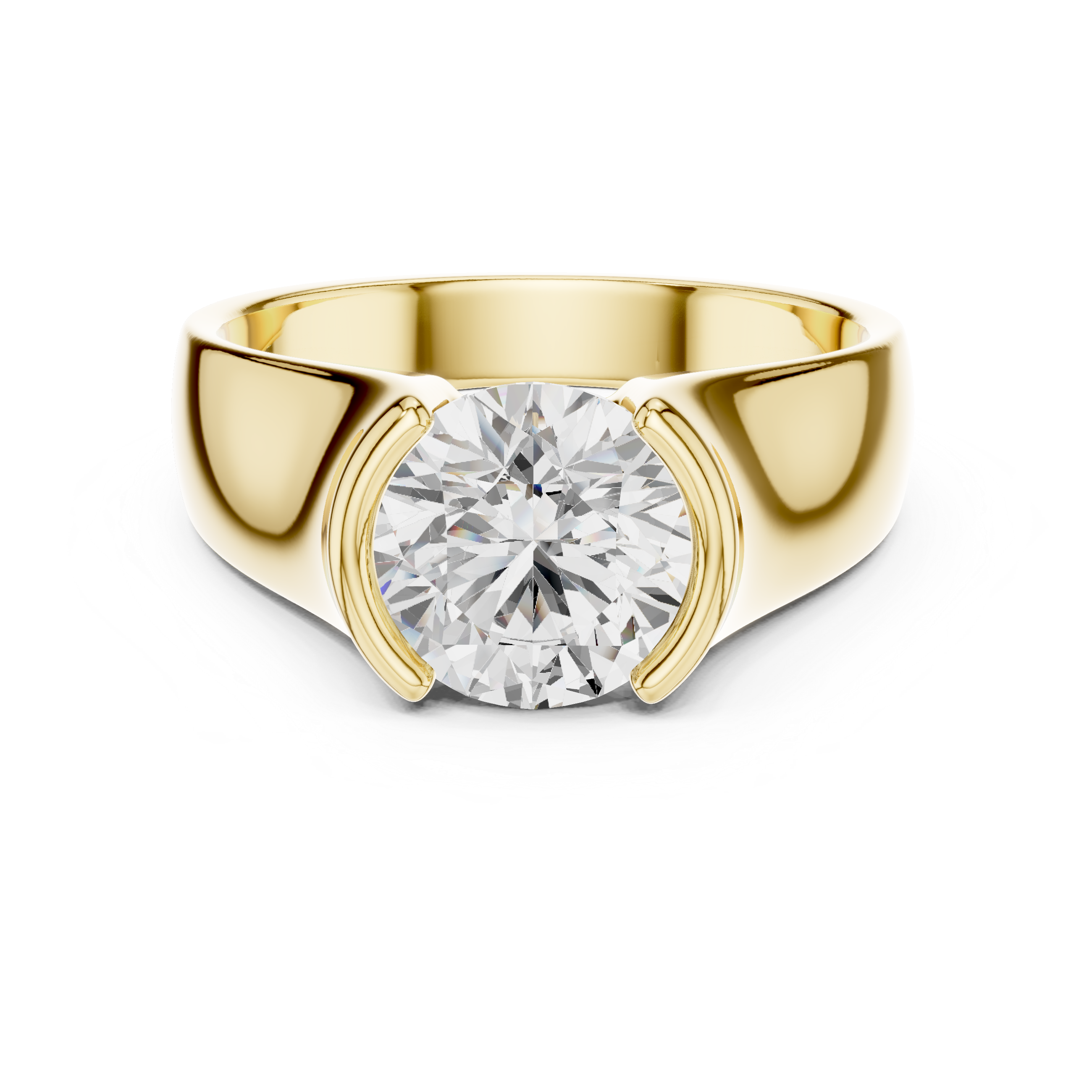 Gold ring with a large diamond on a white background