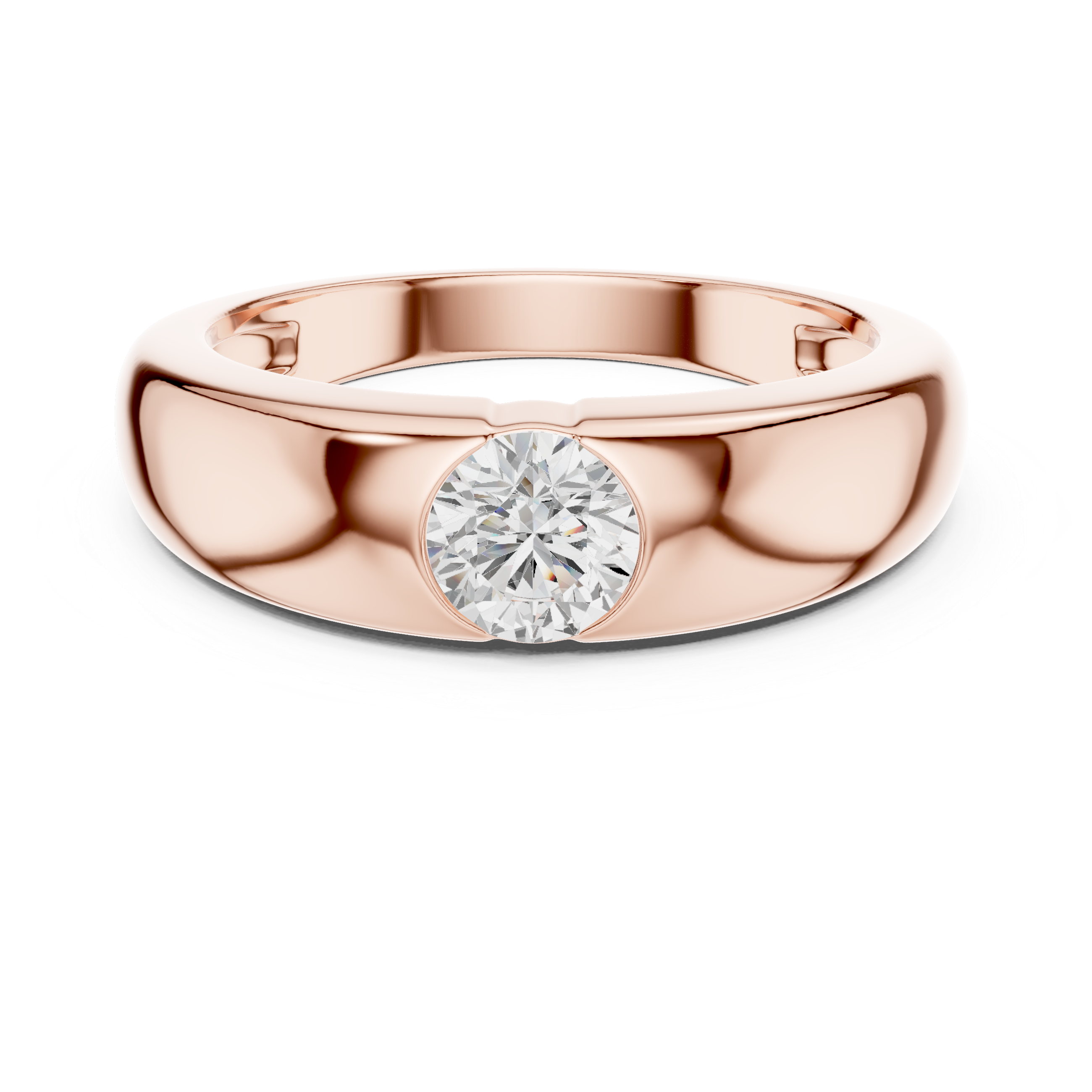 Rose gold ring with a diamond on a white background