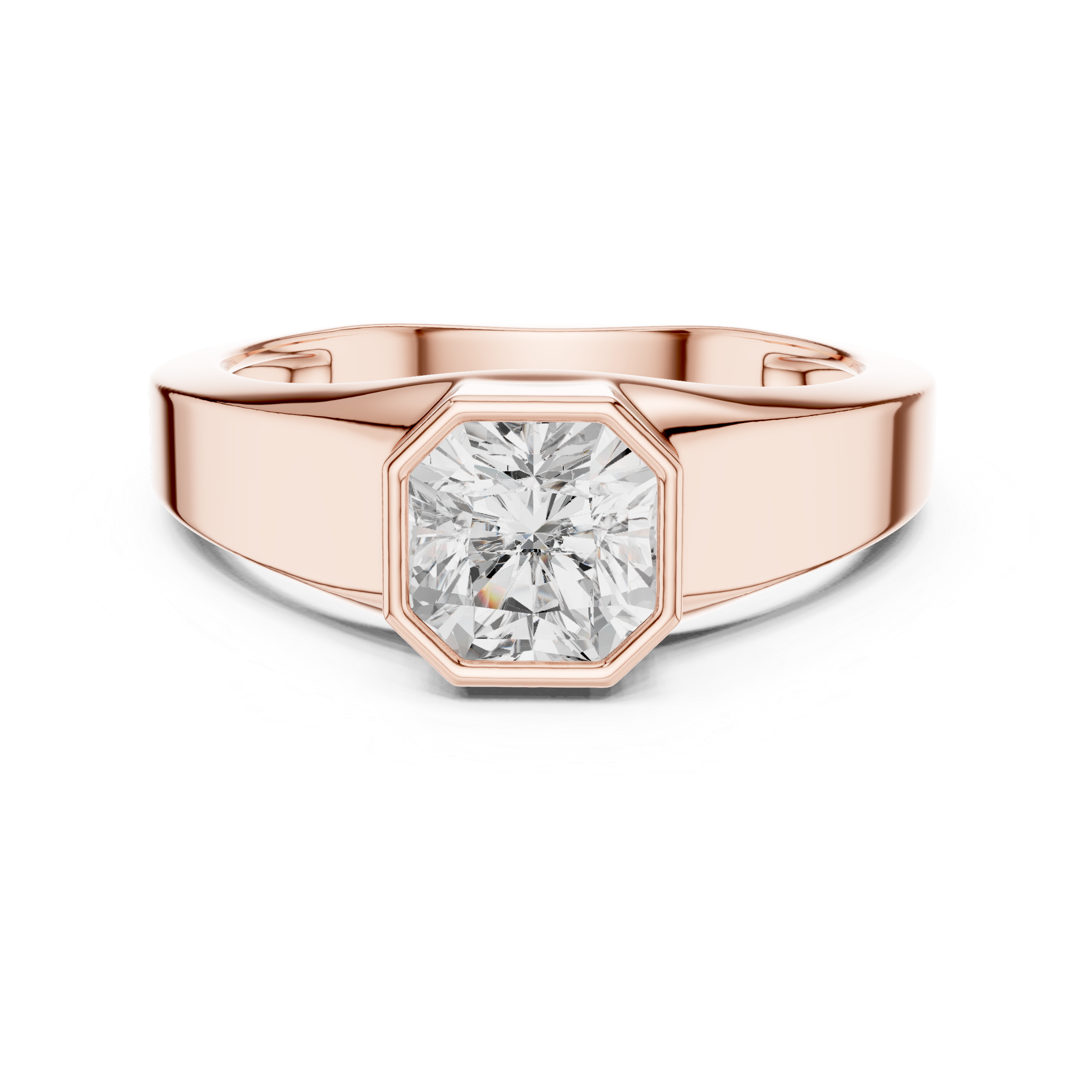 Rose gold ring with a diamond on a white background