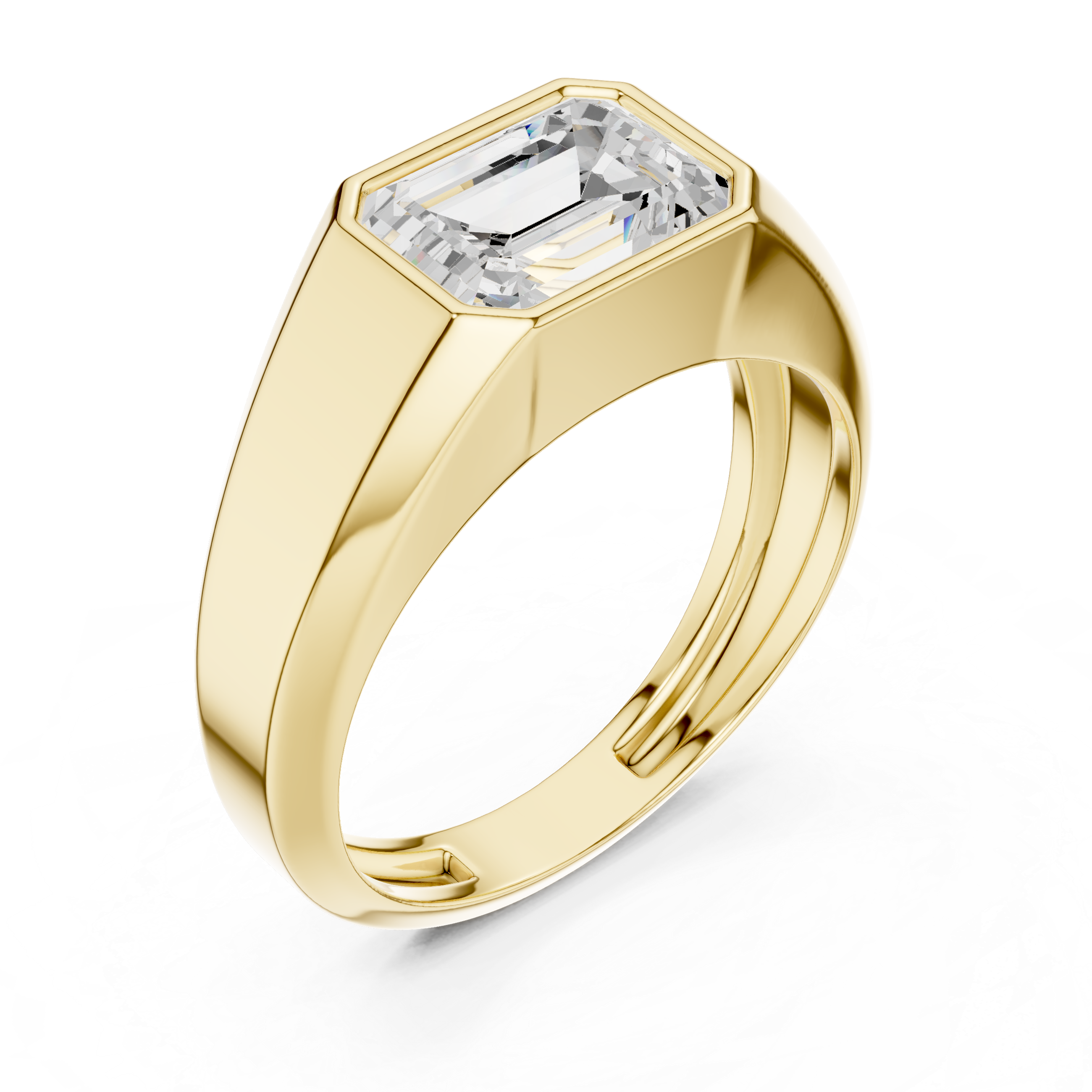 Gold ring with a large diamond on a white background