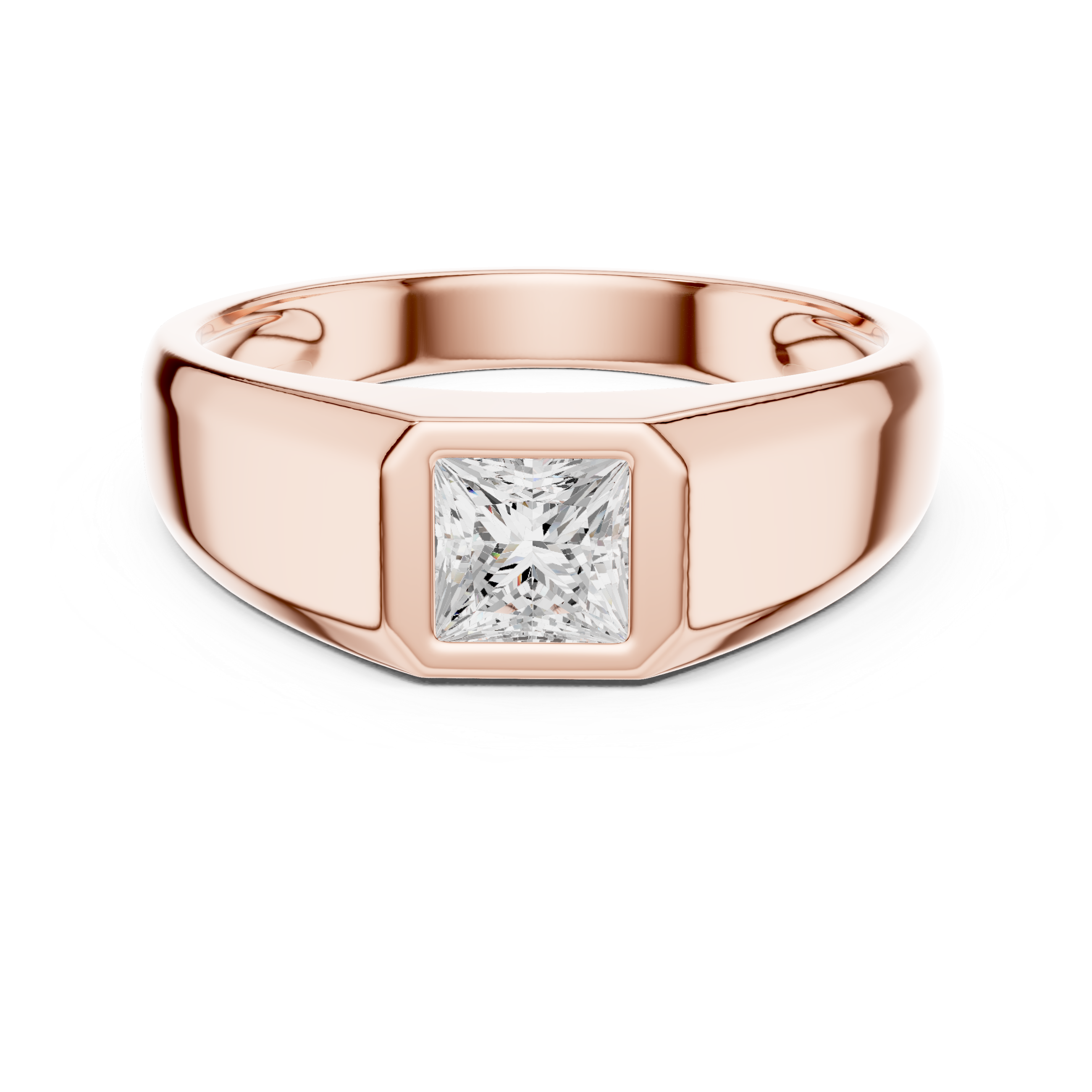 Rose gold ring with a square-cut diamond on a white background