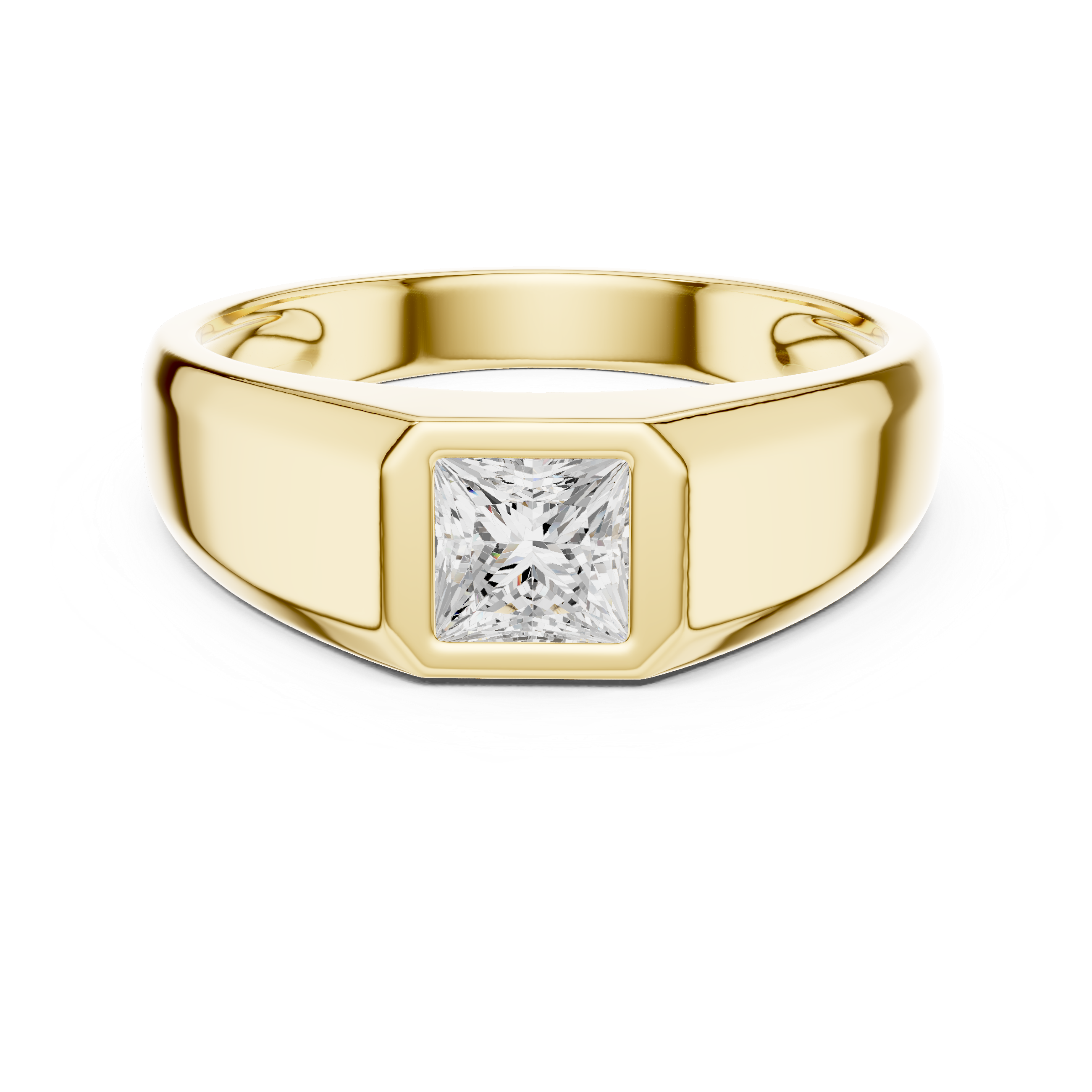 Gold ring with a square-cut diamond on a white background
