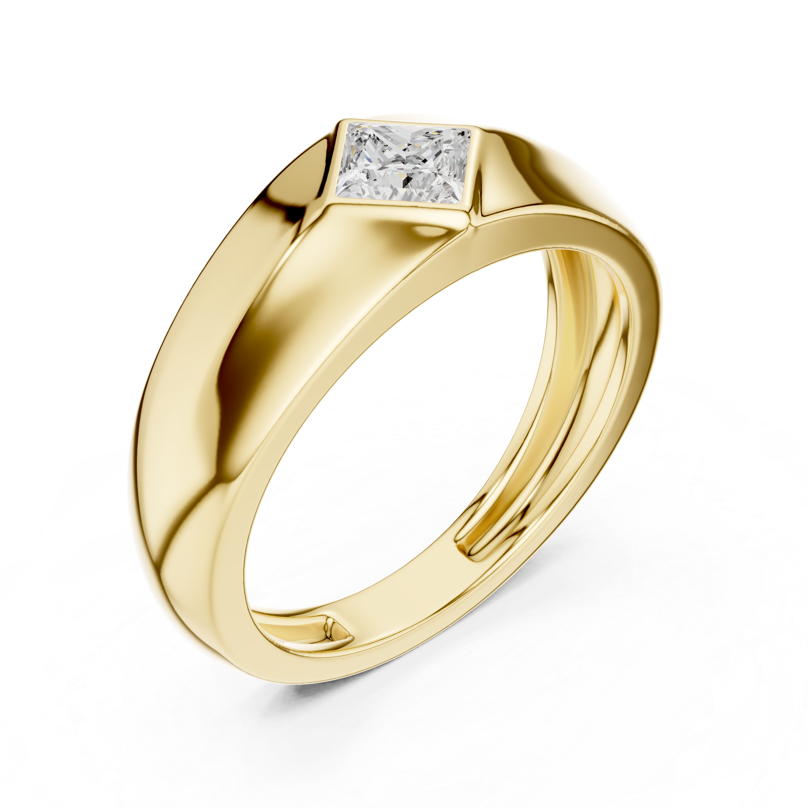 Gold ring with a diamond on a white background
