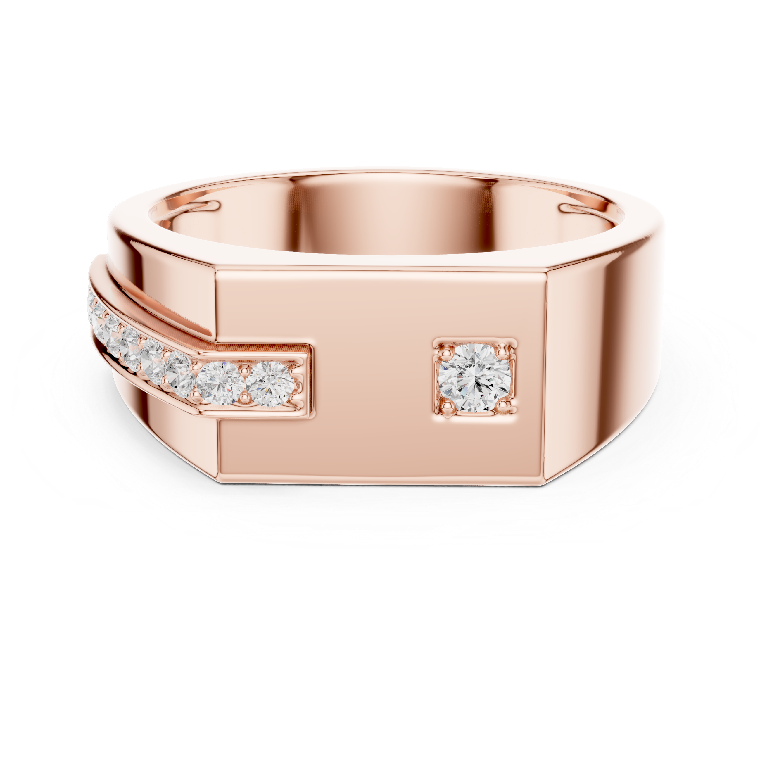 Rose gold ring with diamond accents on a white background