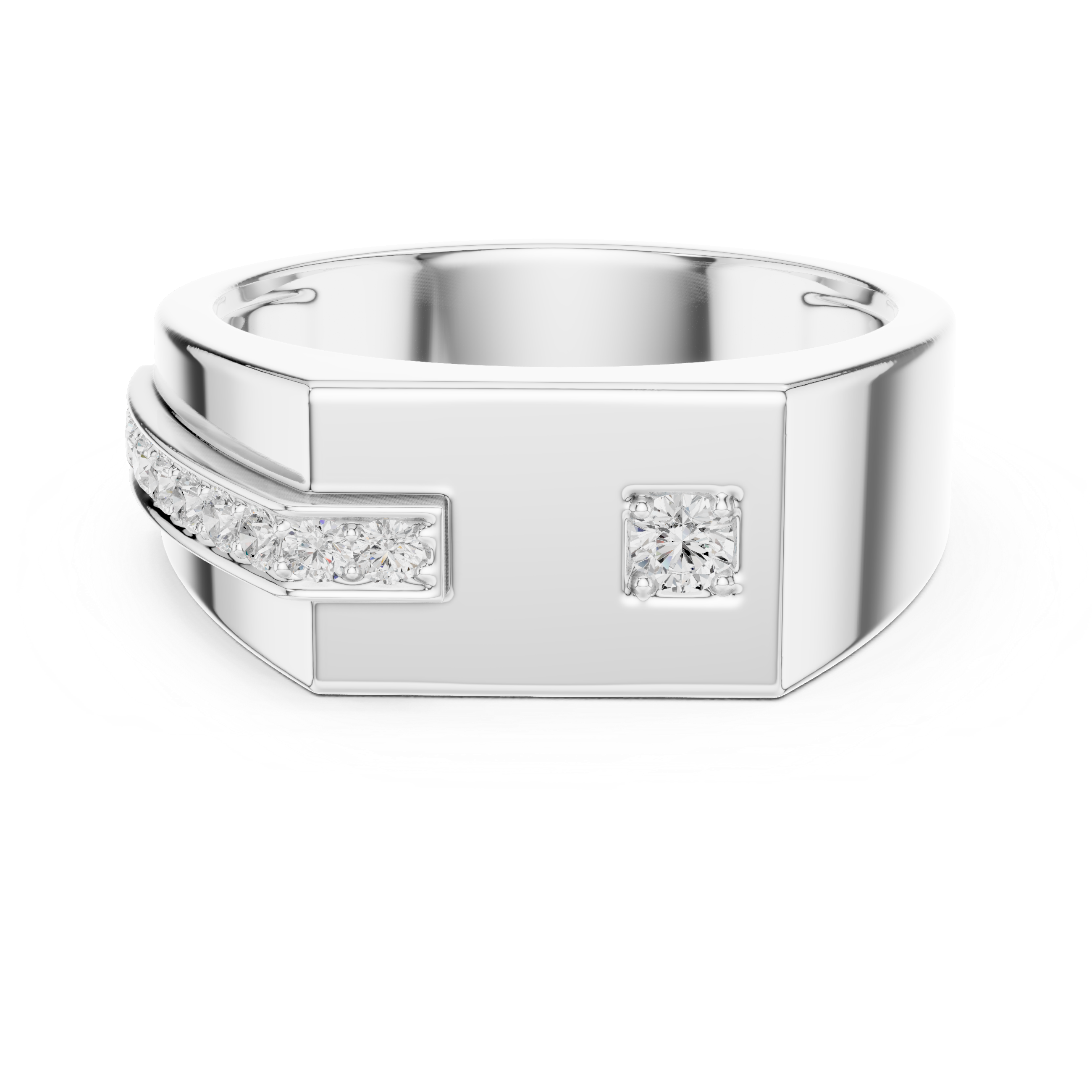 Silver ring with diamond accents on a white background