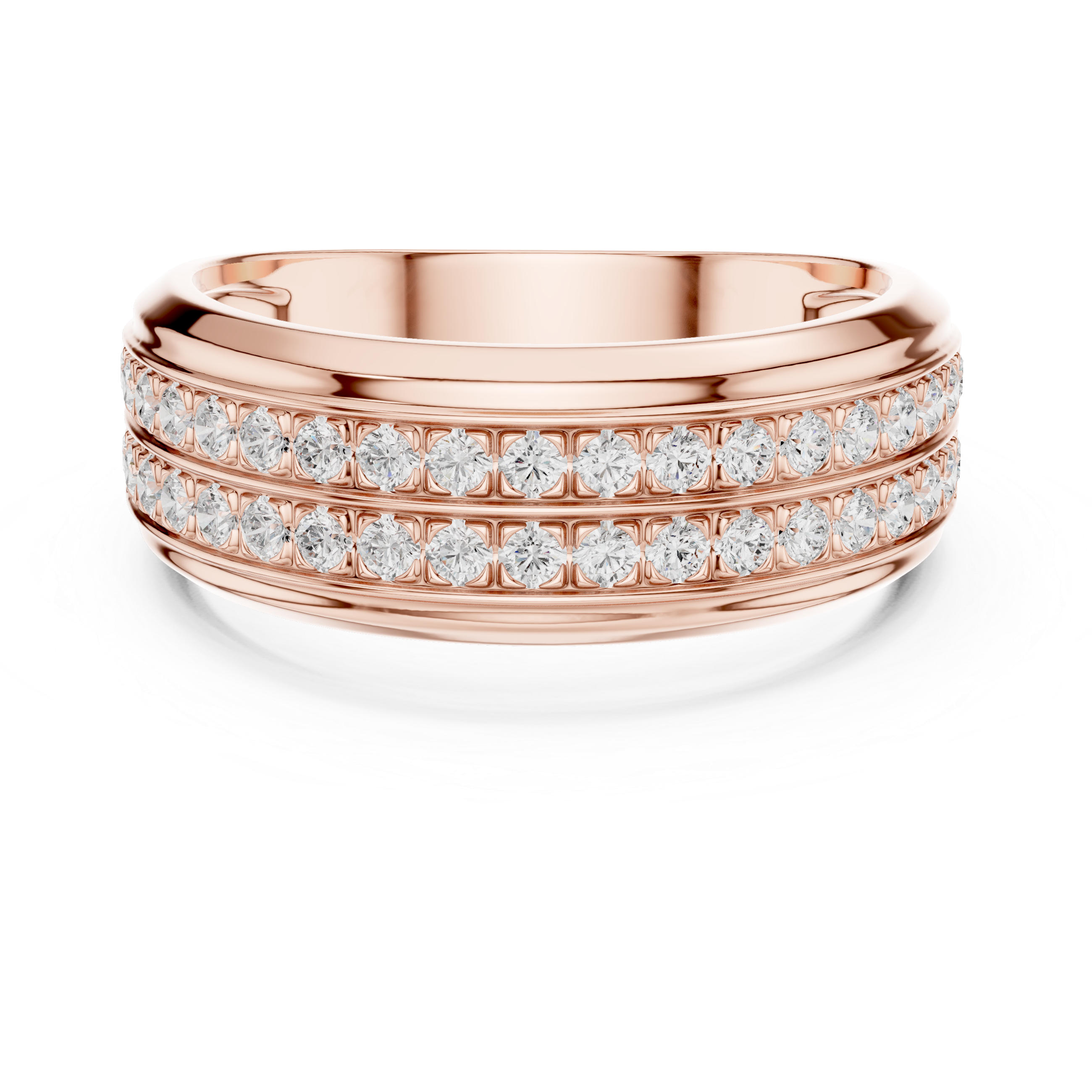 Rose gold ring with diamond accents on a white background