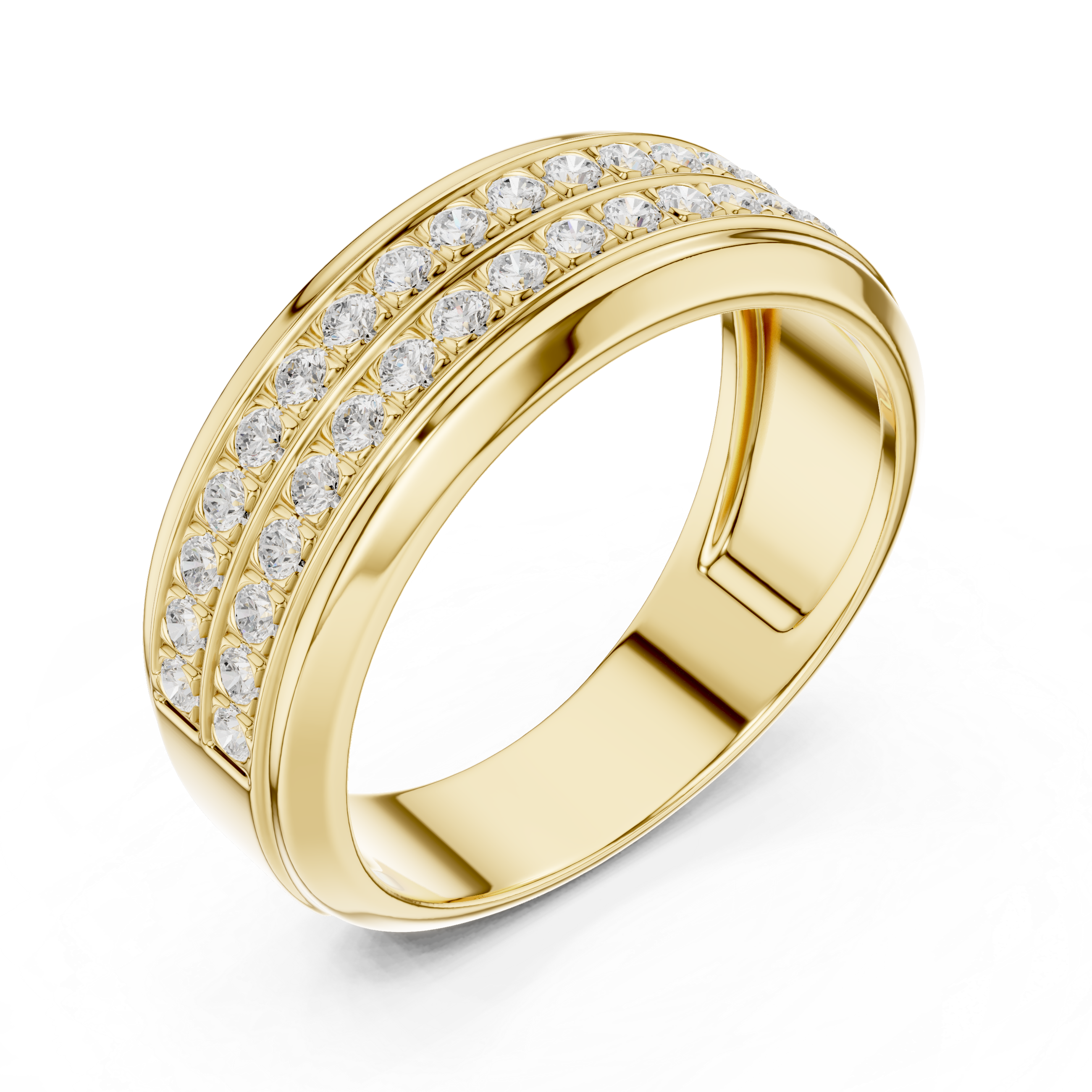 Gold ring with diamond accents on a white background