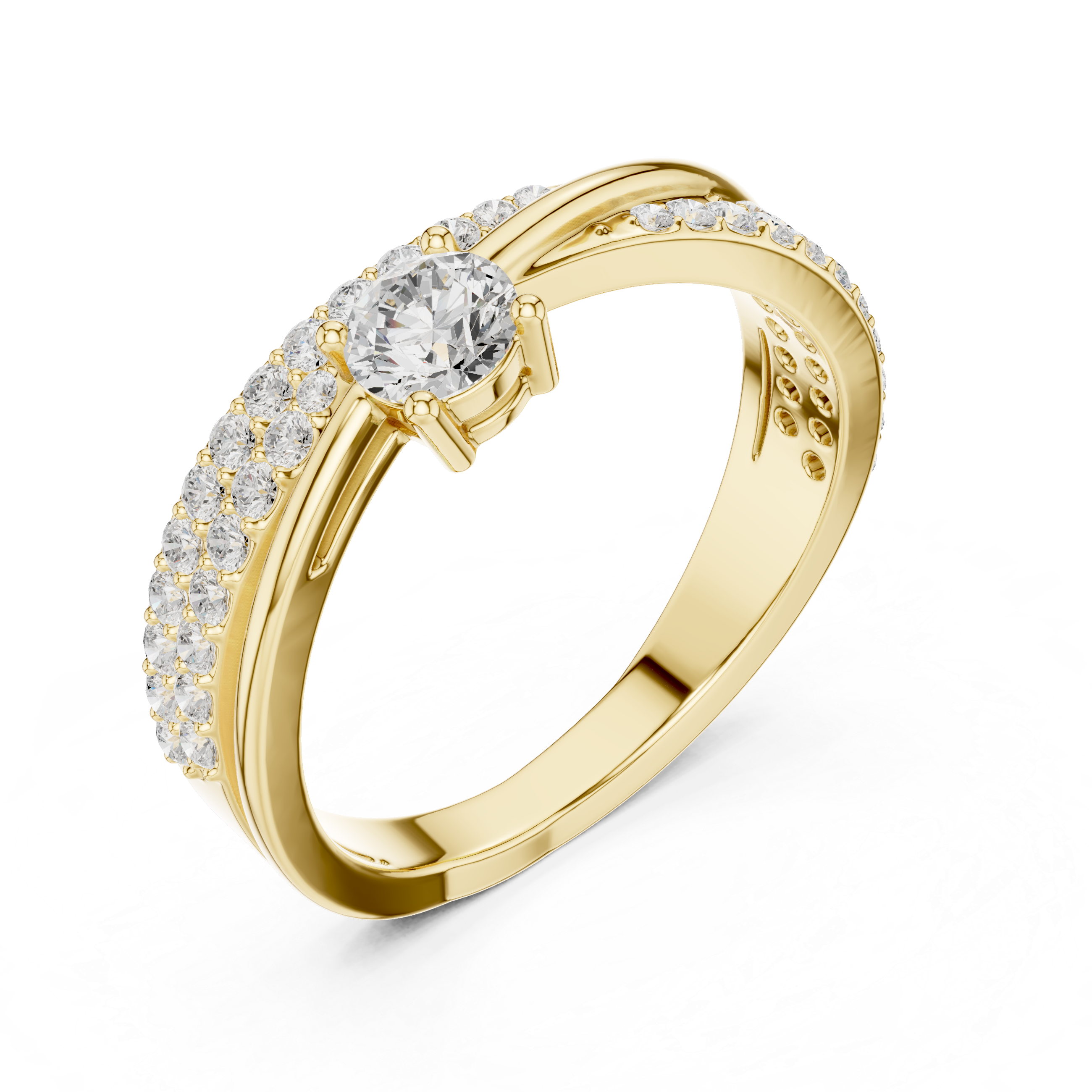 Gold ring with diamonds on a white background