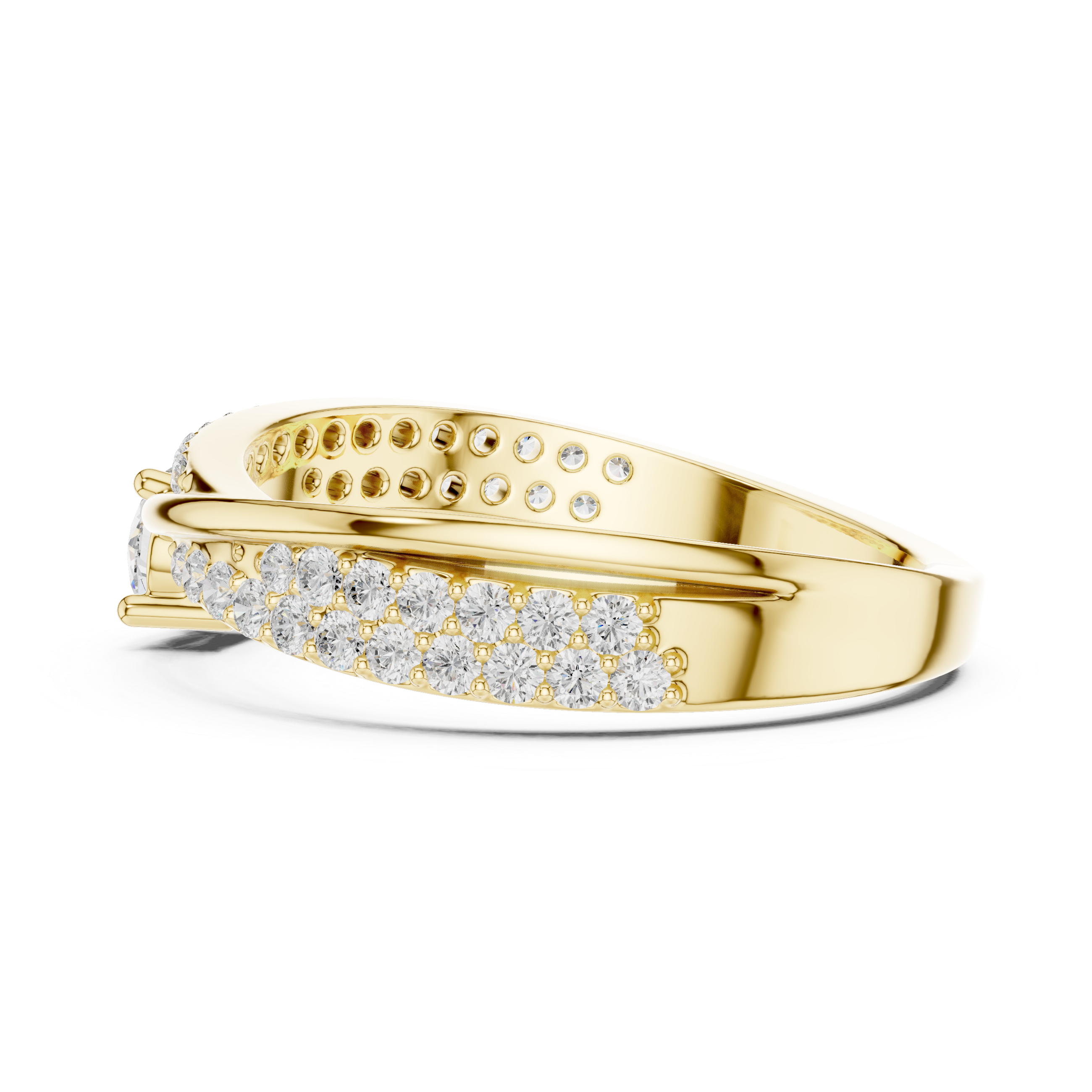 Gold ring with diamond accents on a white background