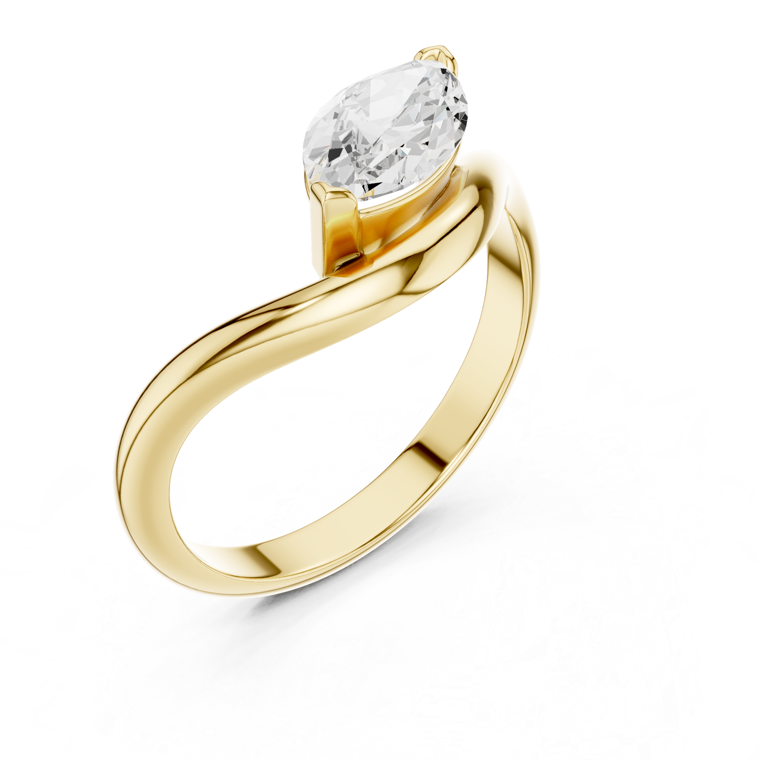 Gold ring with a pear-shaped diamond on a white background