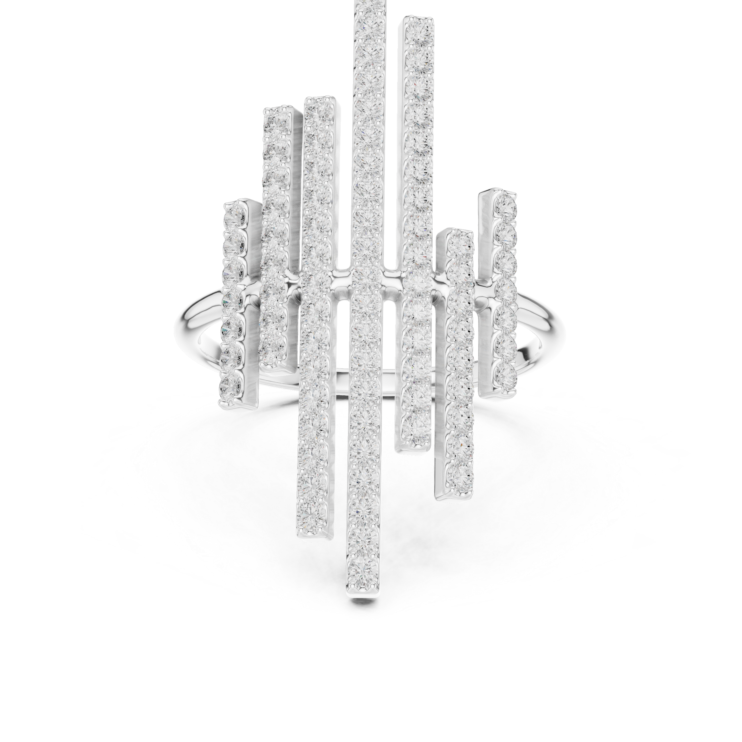 Silver ring with vertical diamond accents on a white background