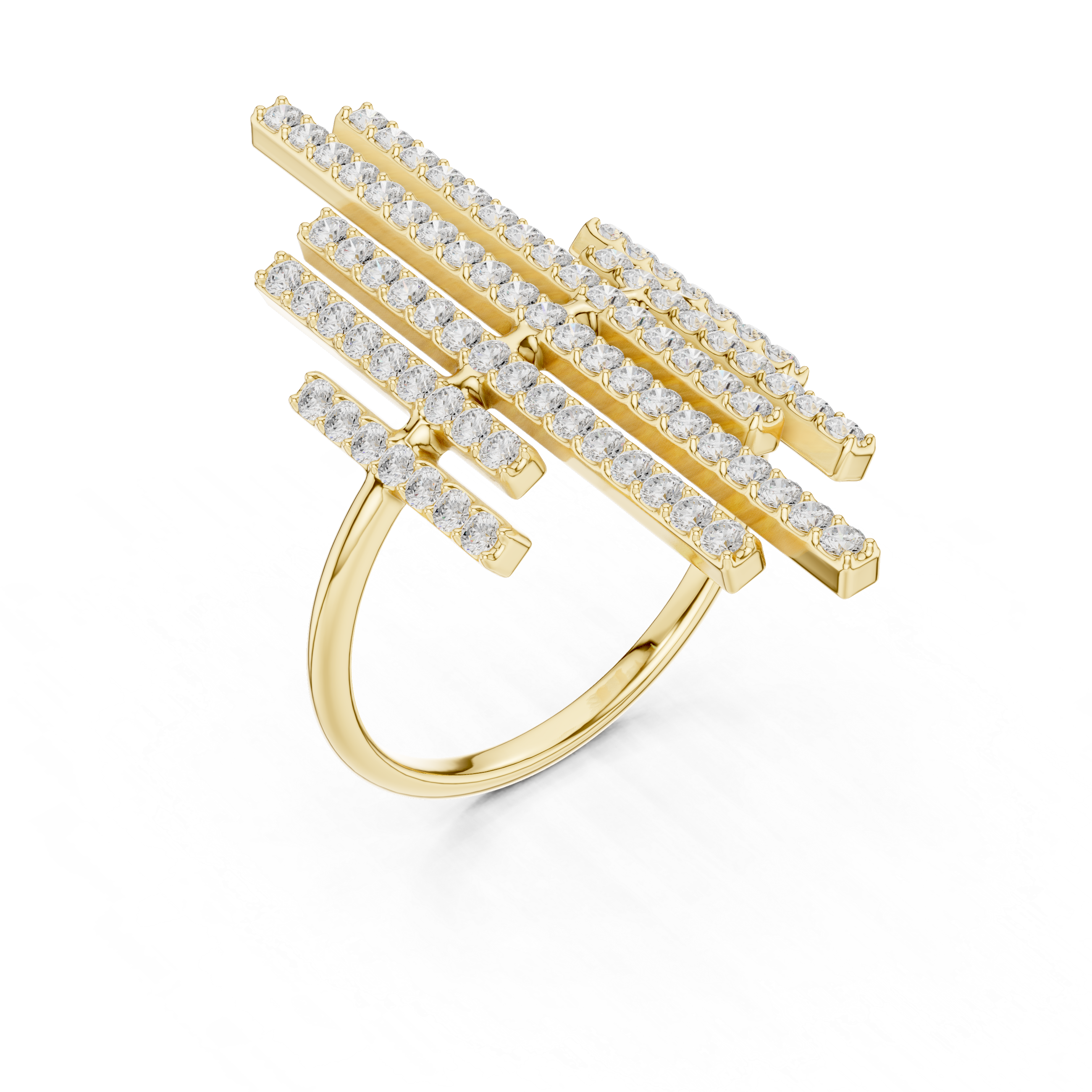 Gold ring with diamond accents on a white background
