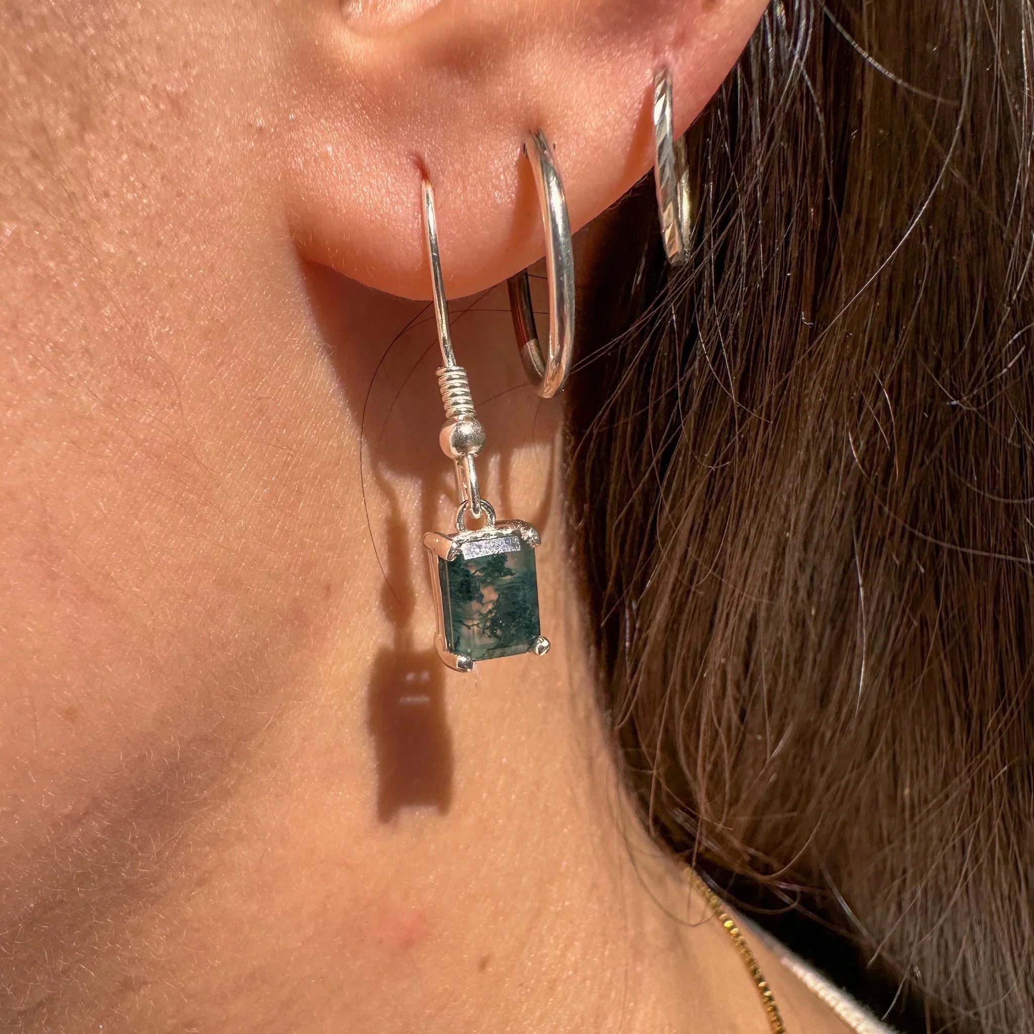 Emerald Cut Moss Agate Earrings, Sterling Silver Green Moss Agate